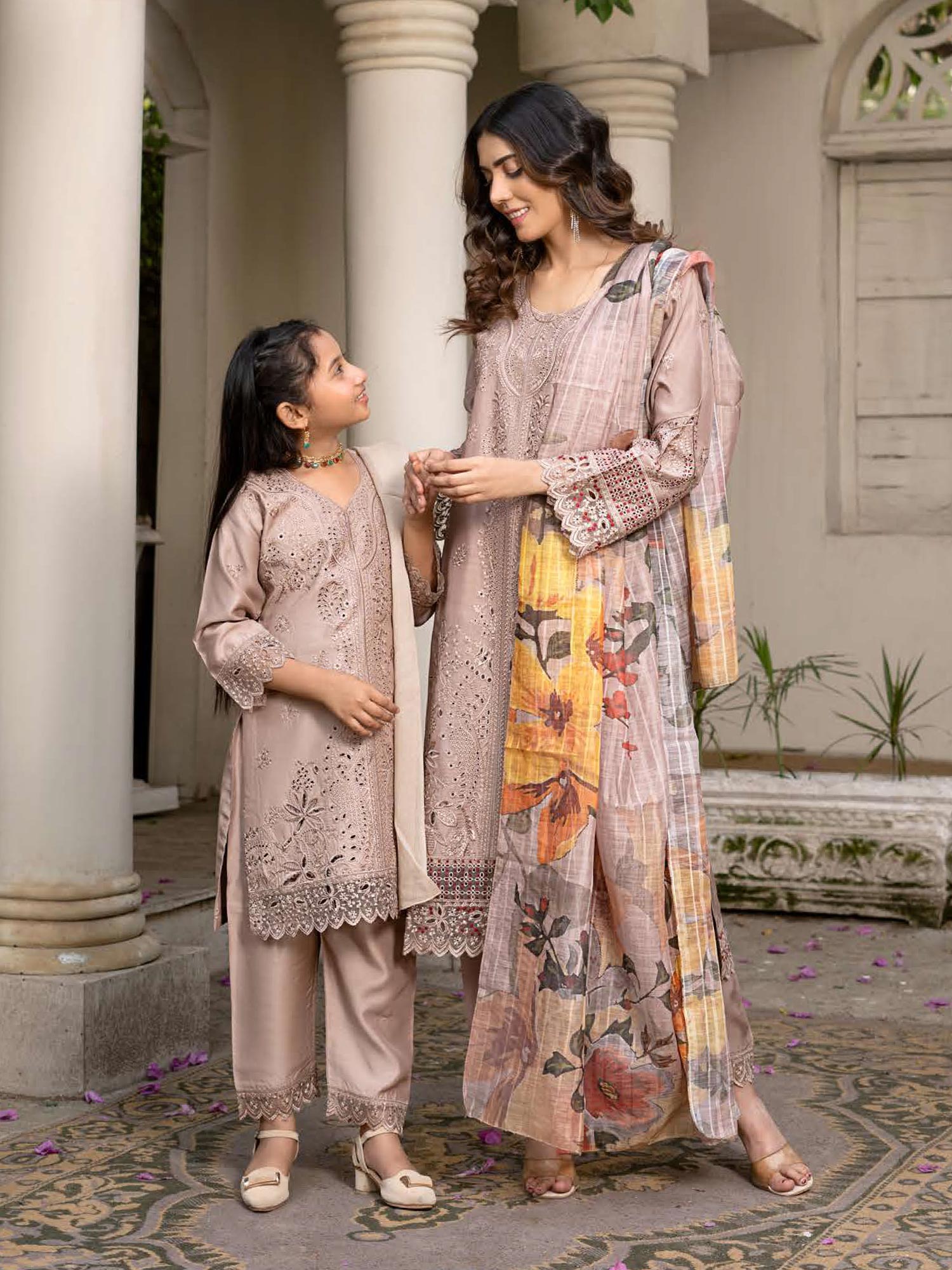 Rangz Chikankari Mother-Daughter 3-Piece Suit - Beige