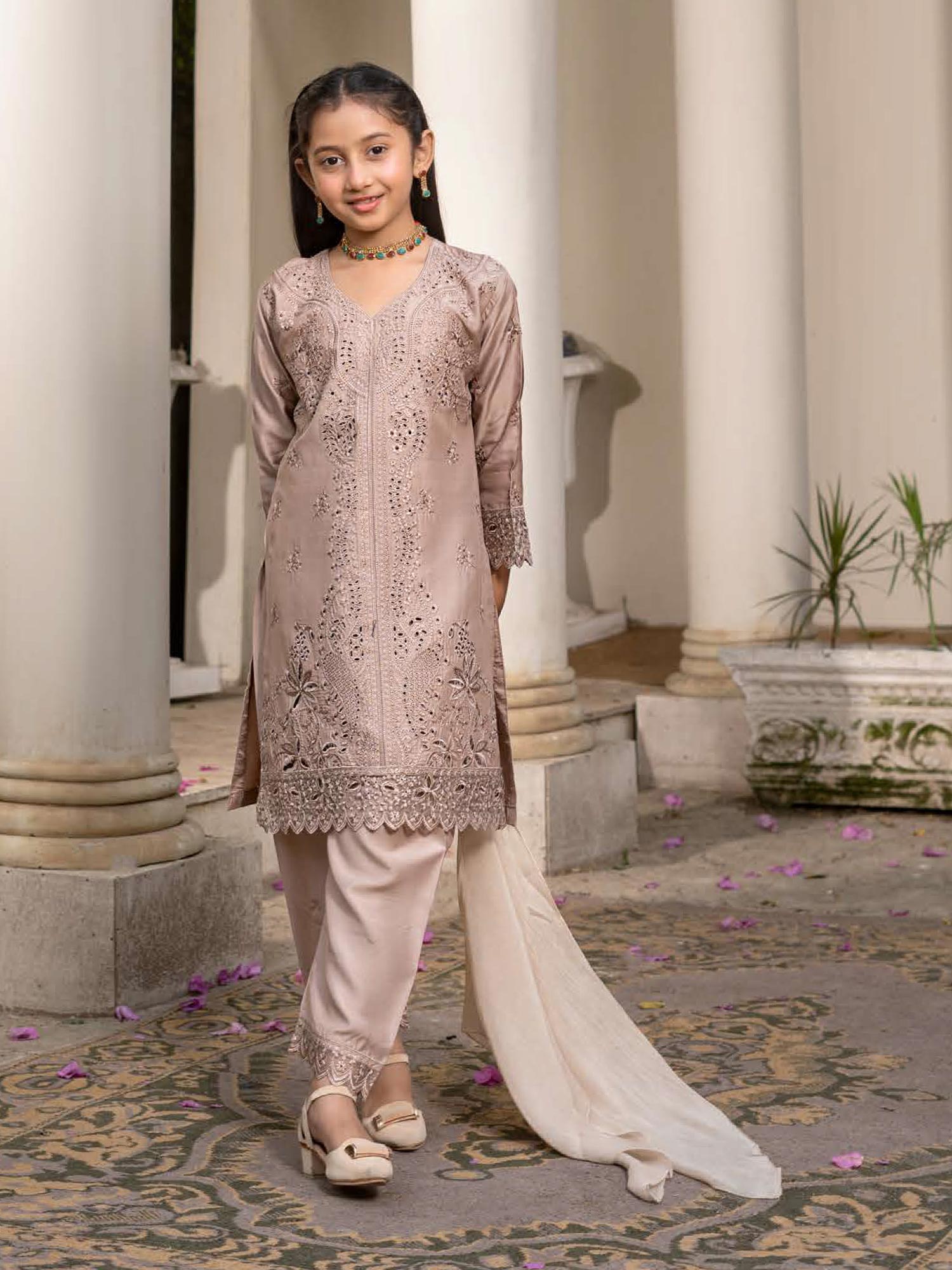 Rangz Chikankari Mother-Daughter 3-Piece Suit - Beige