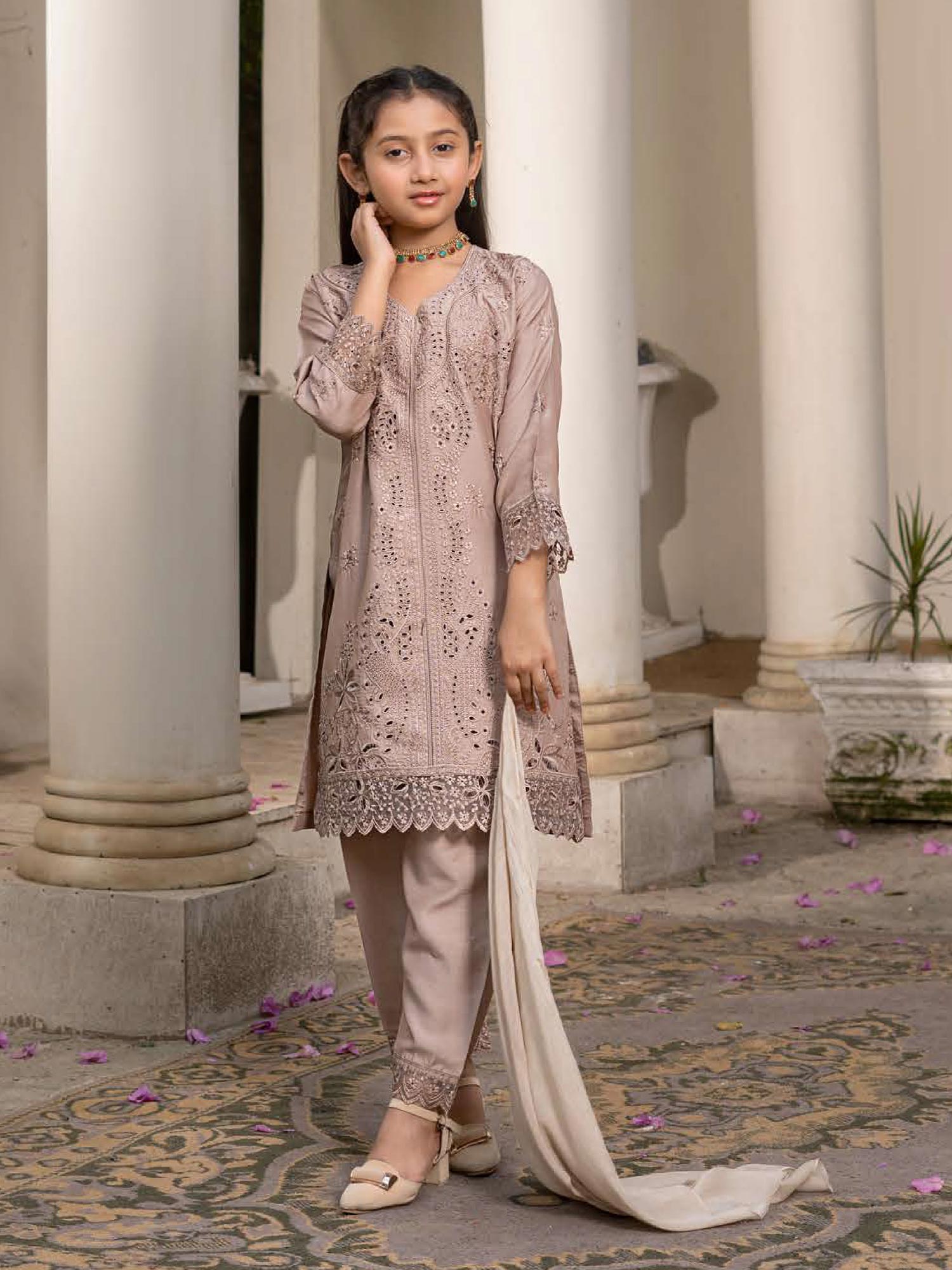 Rangz Chikankari Mother-Daughter 3-Piece Suit - Beige