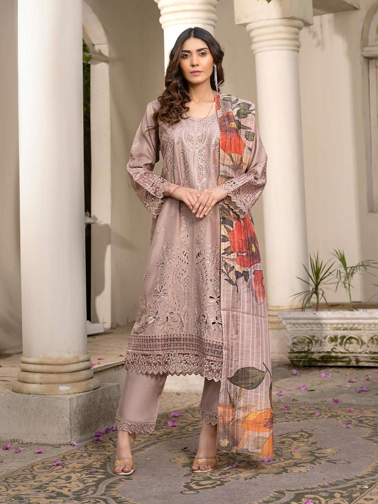 Rangz Chikankari Mother-Daughter 3-Piece Suit - Beige