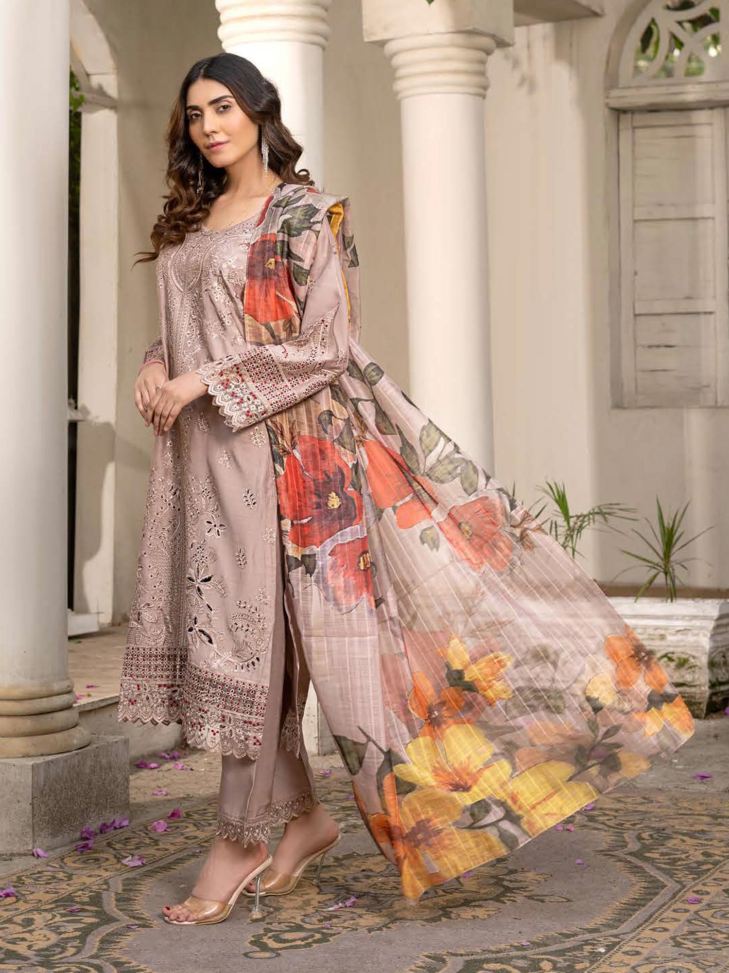 Rangz Chikankari Mother-Daughter 3-Piece Suit - Beige