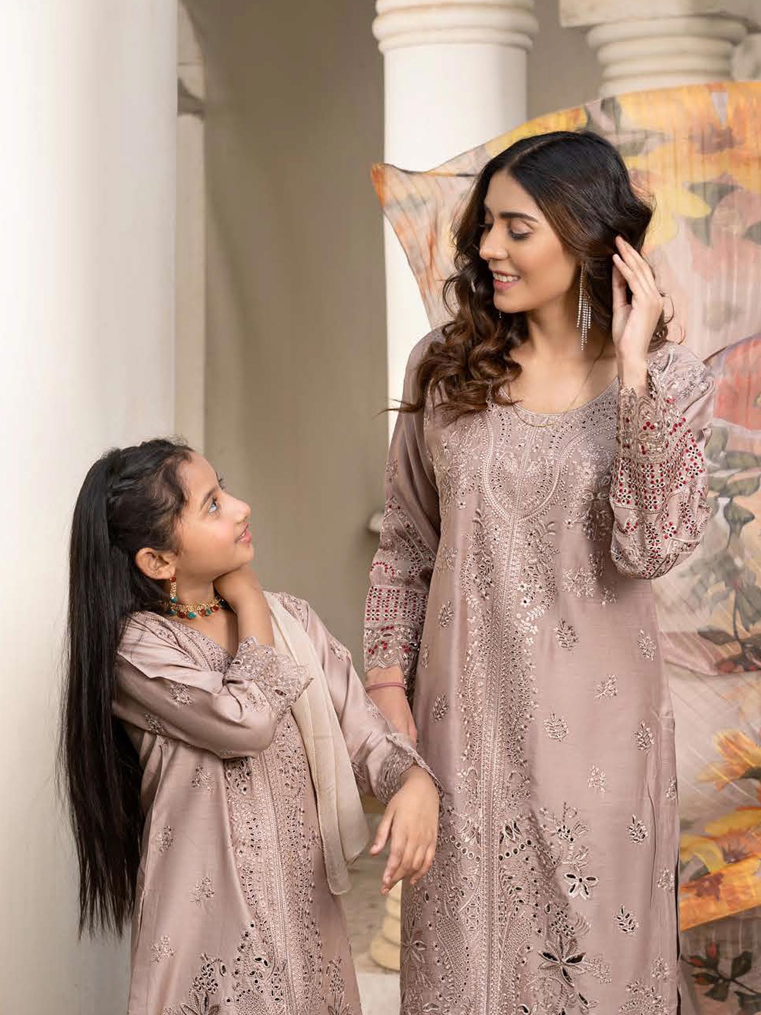 Rangz Chikankari Mother-Daughter 3-Piece Suit - Beige