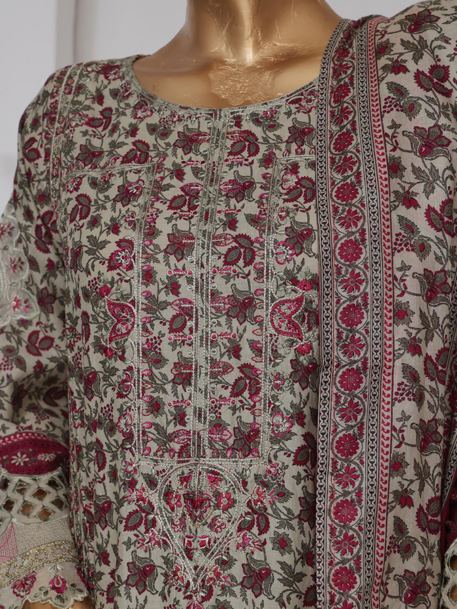 Bin Saeed Embroidered Premium Lawn 3-Piece Suit - Green-Grey