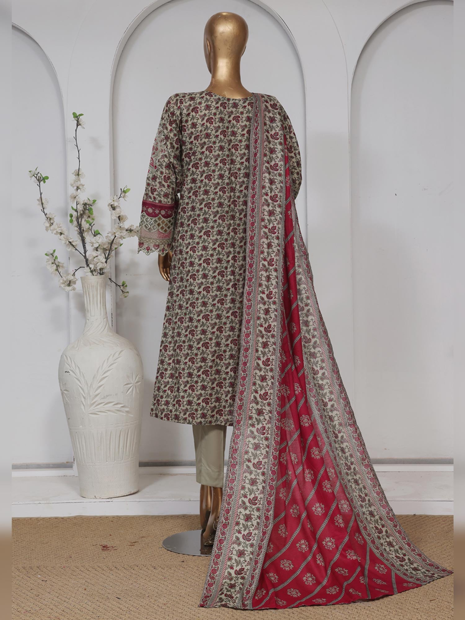 Bin Saeed Embroidered Premium Lawn 3-Piece Suit - Green-Grey