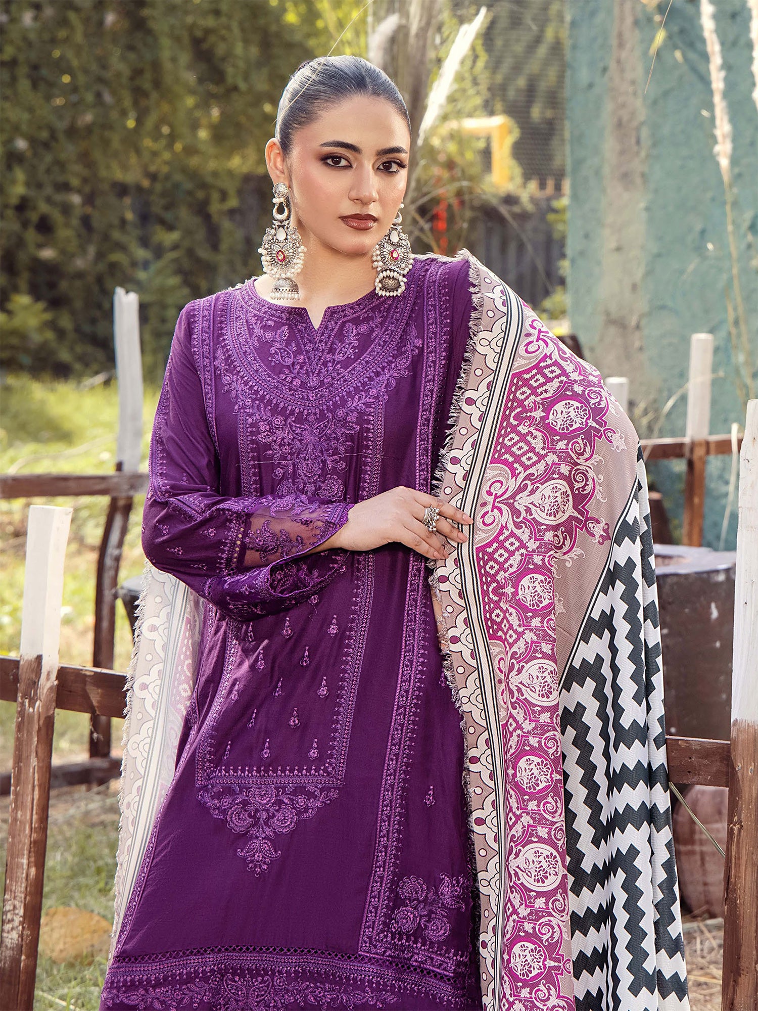 Adan's Libas Embroidered Linen Suit with Wool Shawl - Magenta