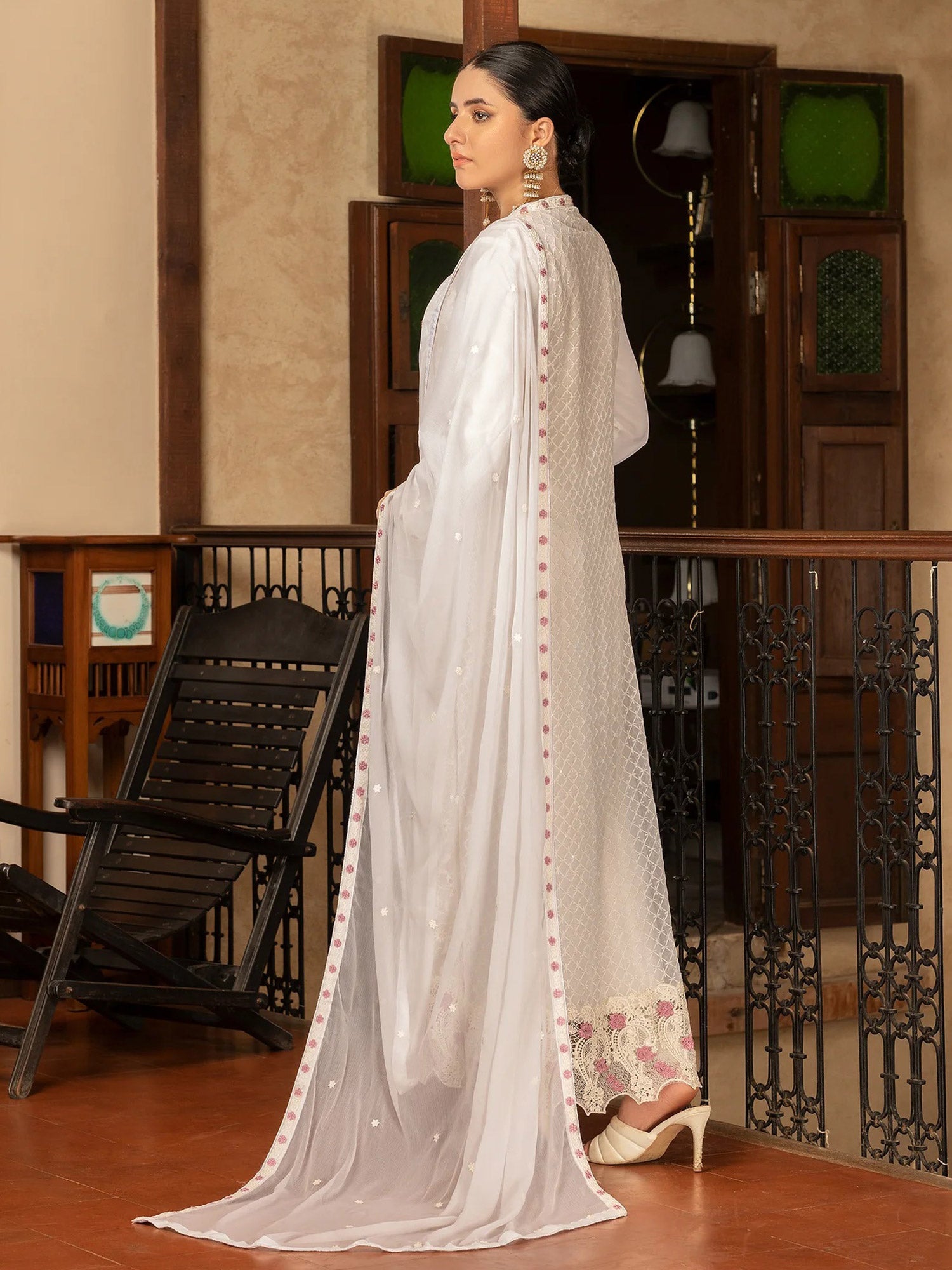 Wardah Uzair Handwork Embroidered Chiffon Gown Suit - White