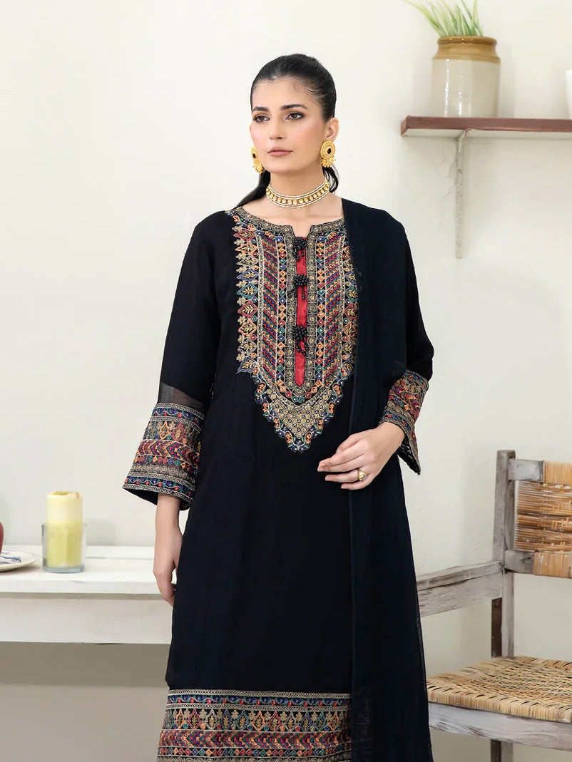Black Luxury Embroidered Chiffon 3pc Suit