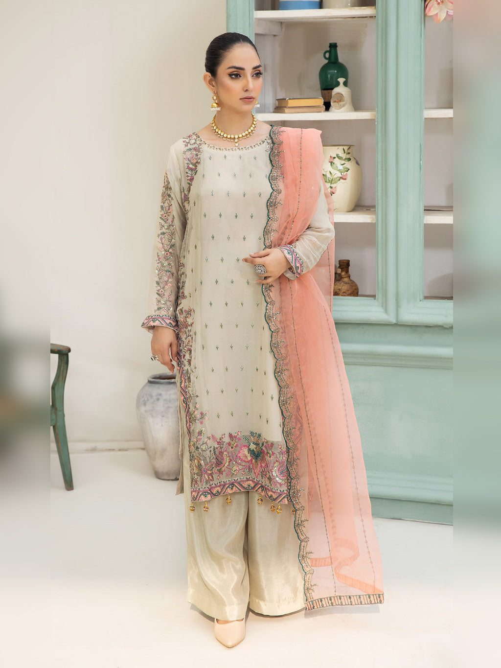 Moonlit Mirage Embroidered Chiffon 3-Piece Suit