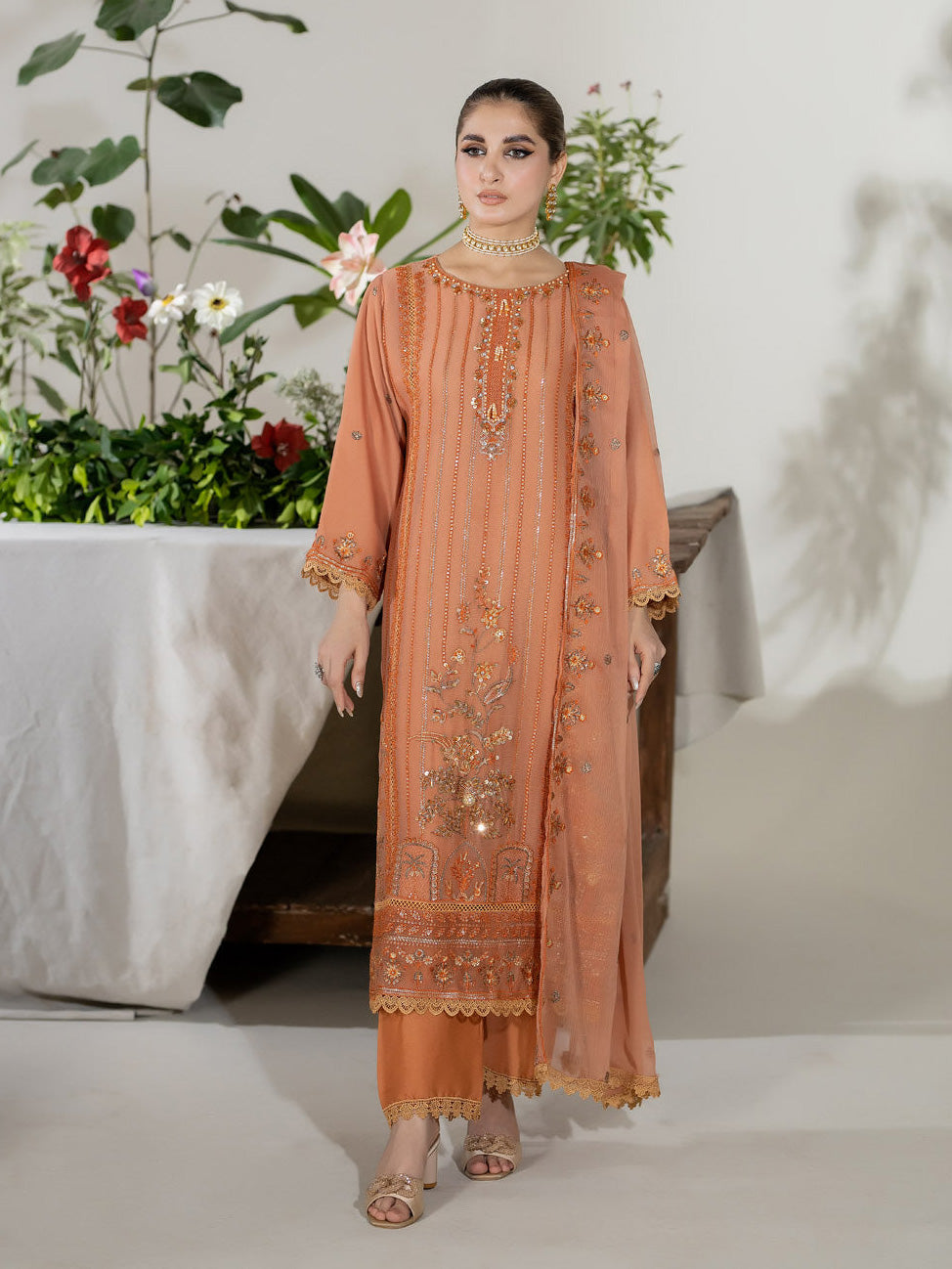 Peach Embroidered Chiffon 3-Piece Suit