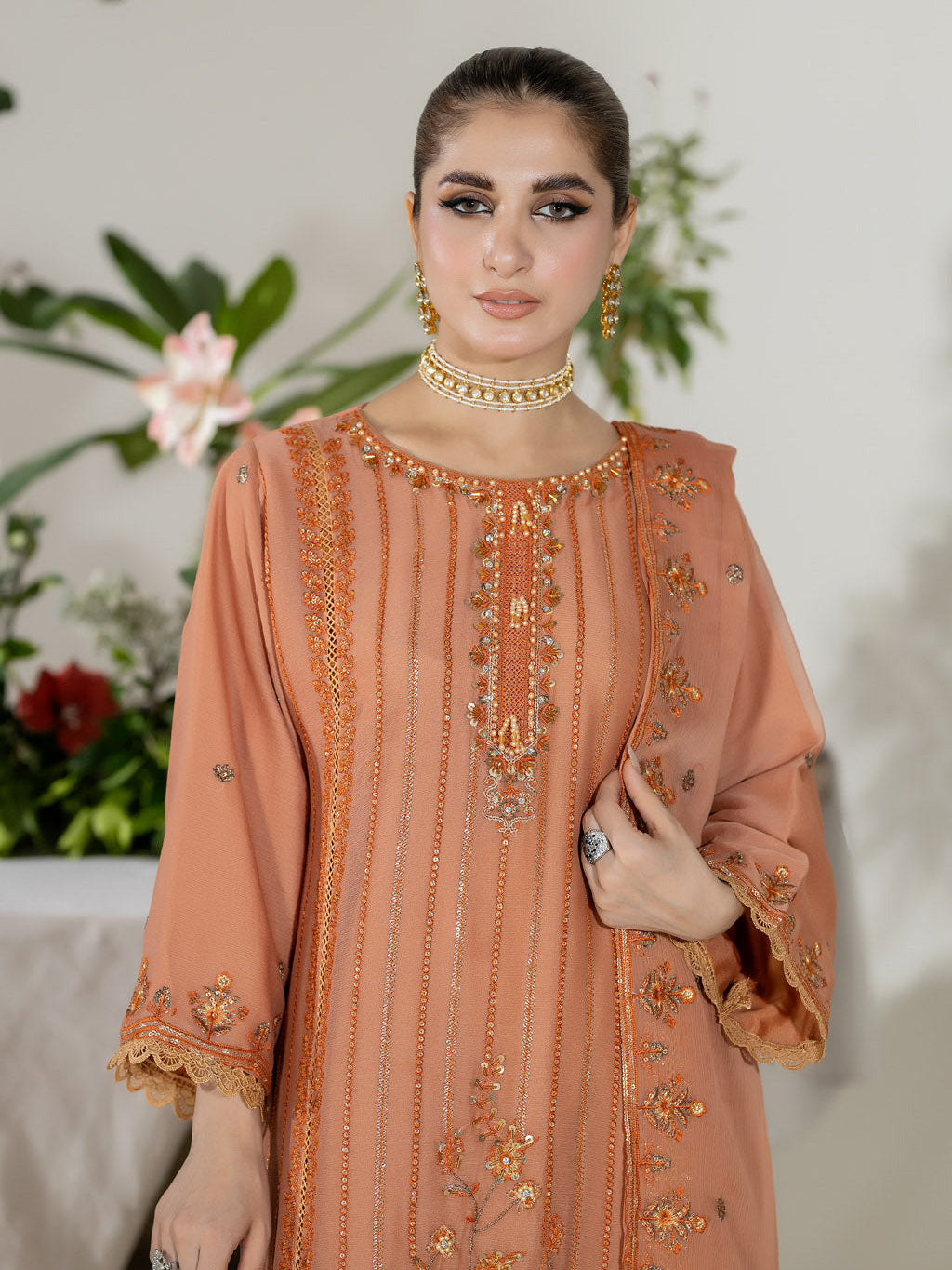 Peach Embroidered Chiffon 3-Piece Suit
