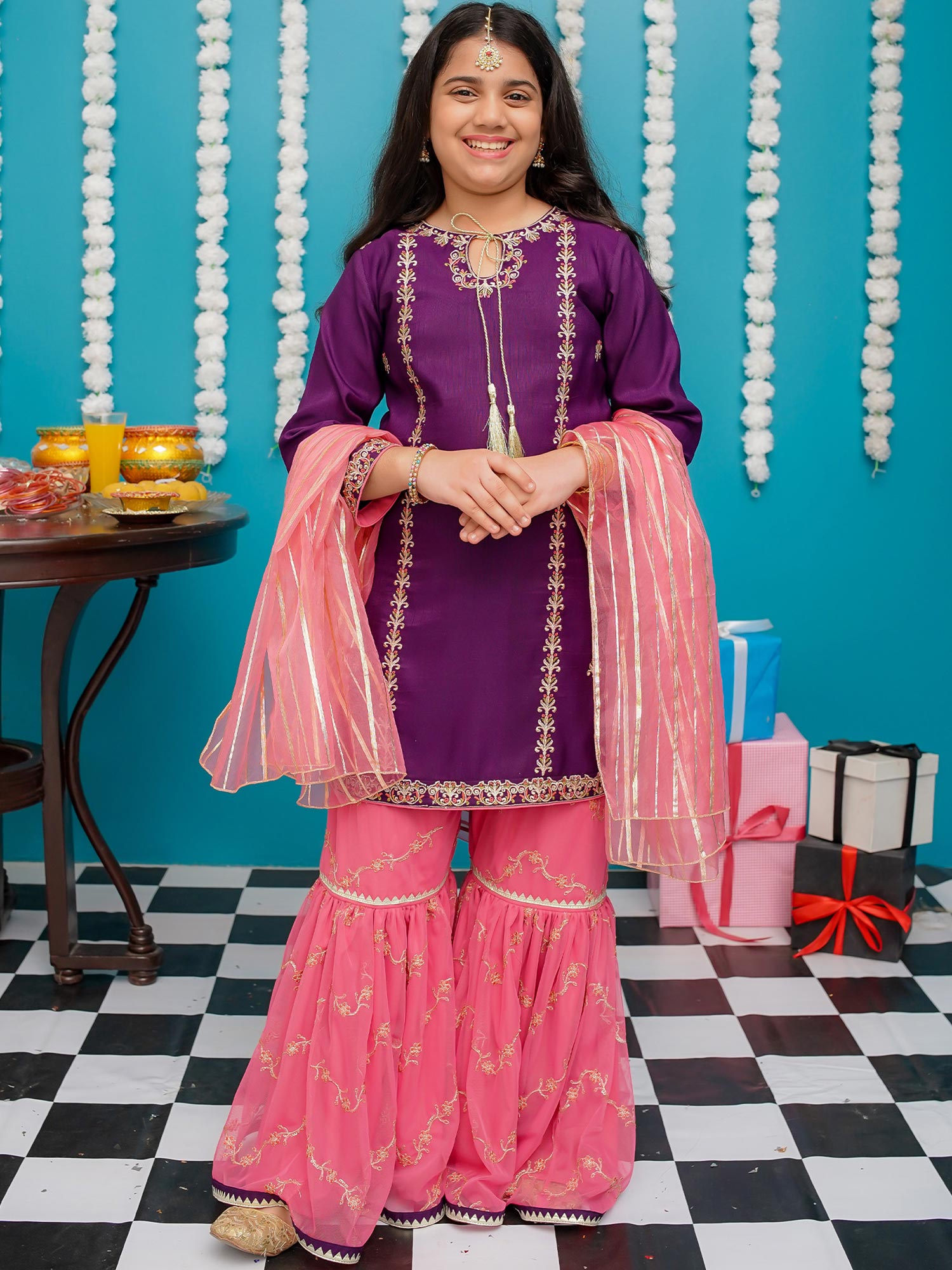Kids Purple & Light Pink Rawsilk 3-Piece Sharara Suit
