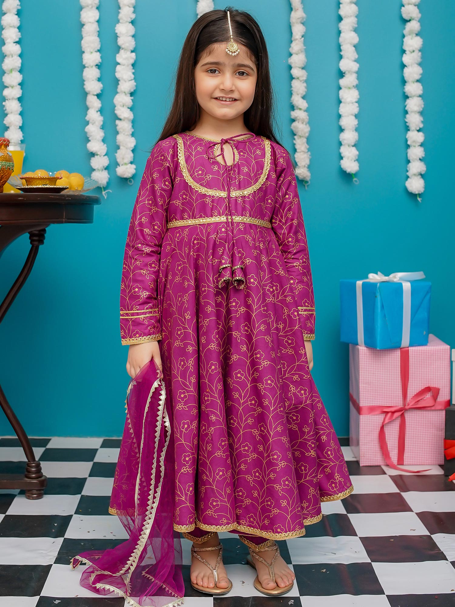 Kids Cotton Purple Frock 3-Piece Suit