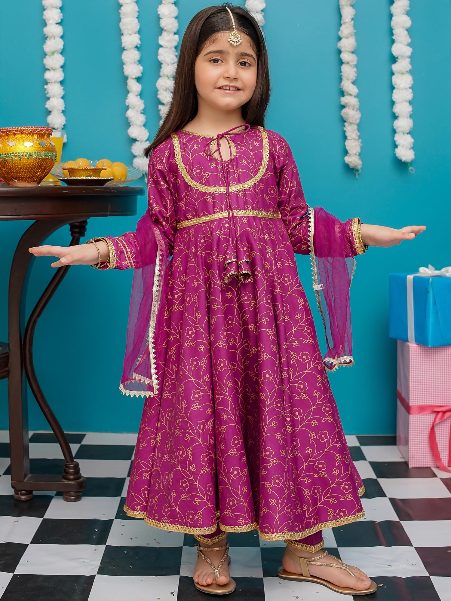 Kids Cotton Purple Frock 3-Piece Suit