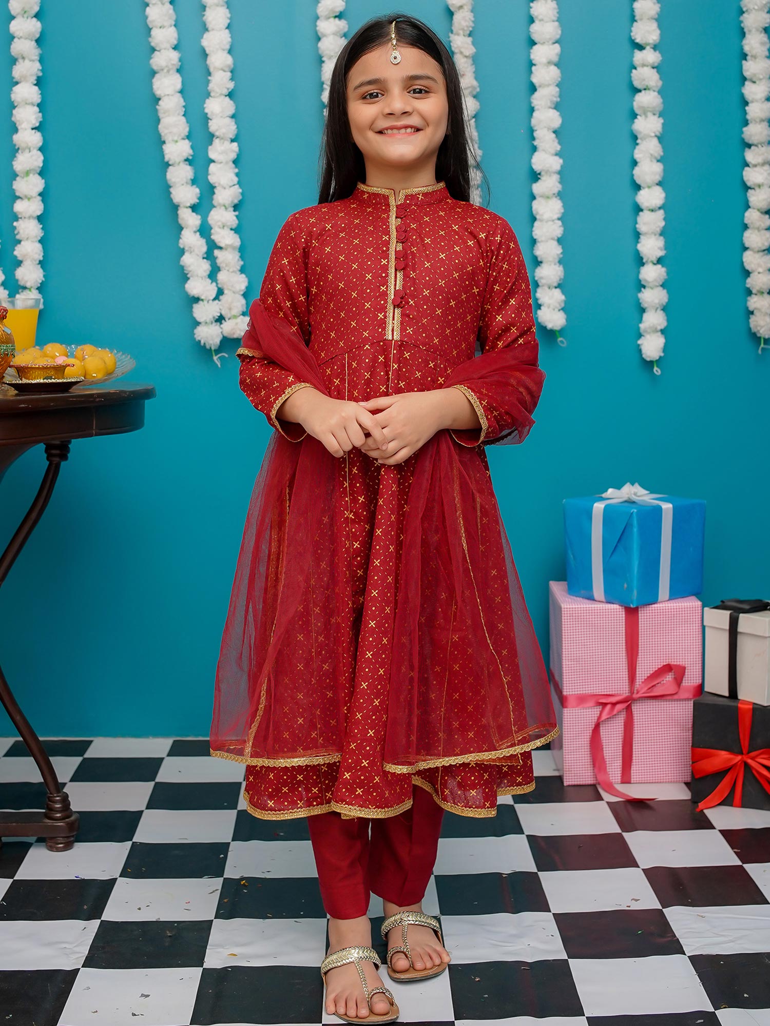 Kids Maroon Cotton Frock 3-Piece Suit