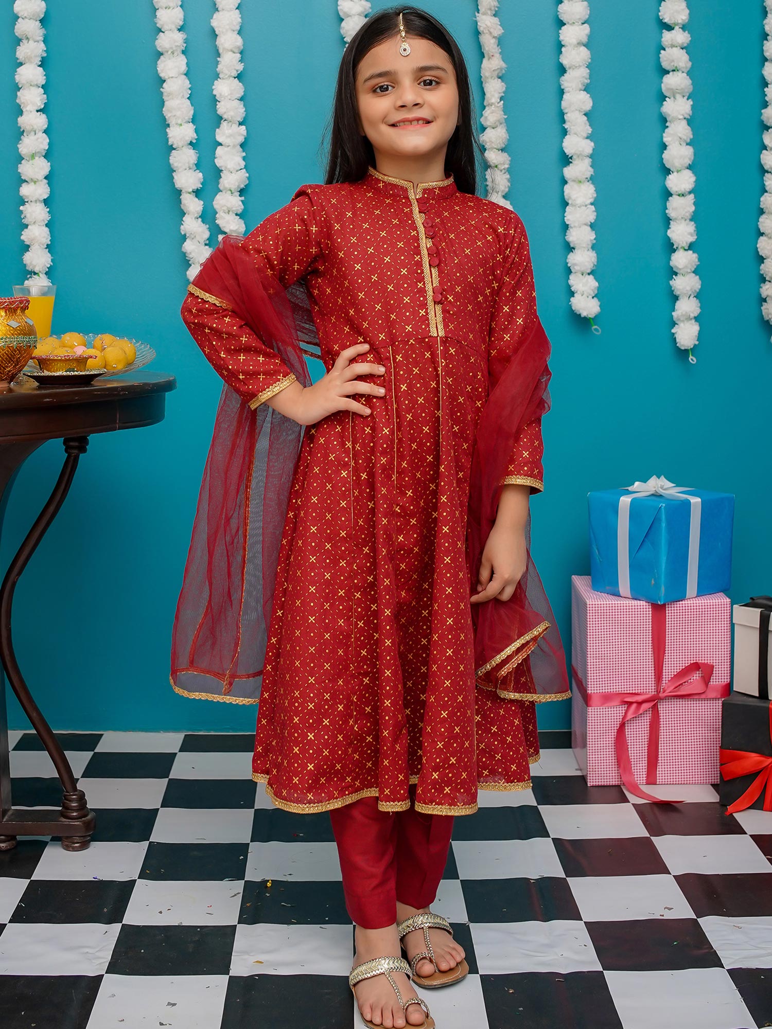 Kids Maroon Cotton Frock 3-Piece Suit