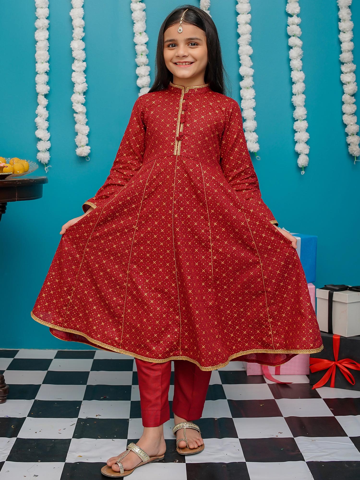 Kids Maroon Cotton Frock 3-Piece Suit