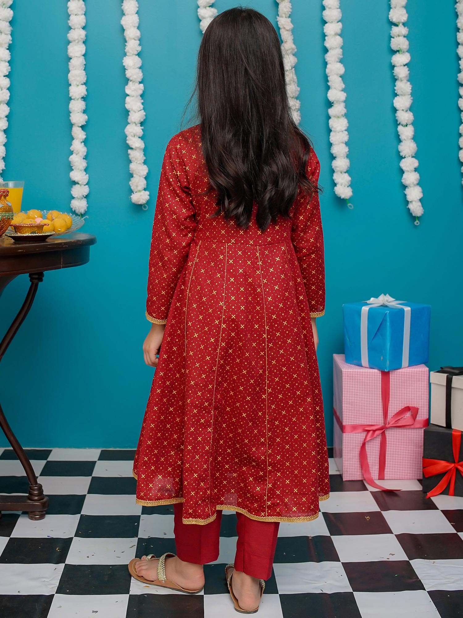 Kids Maroon Cotton Frock 3-Piece Suit