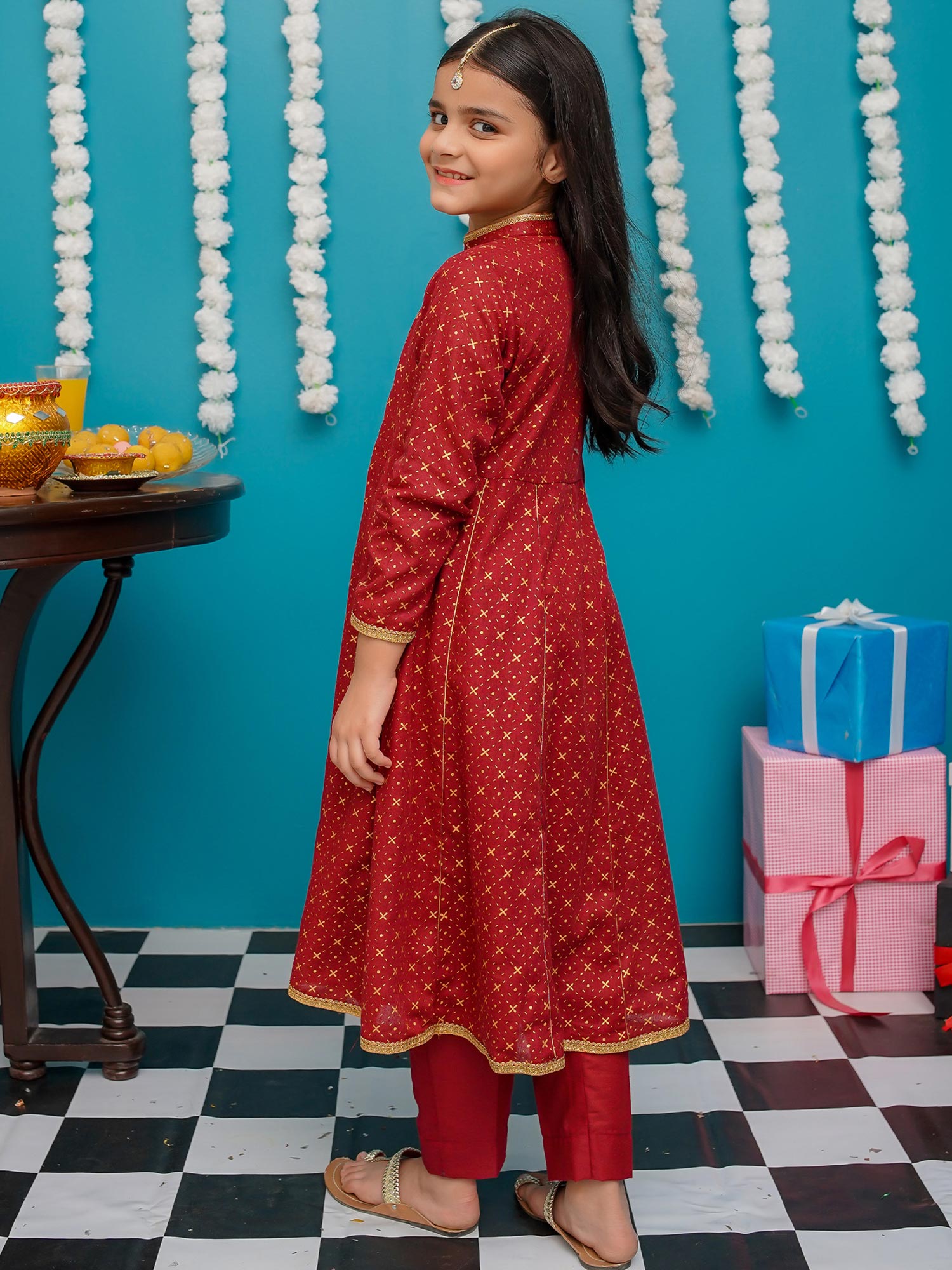 Kids Maroon Cotton Frock 3-Piece Suit