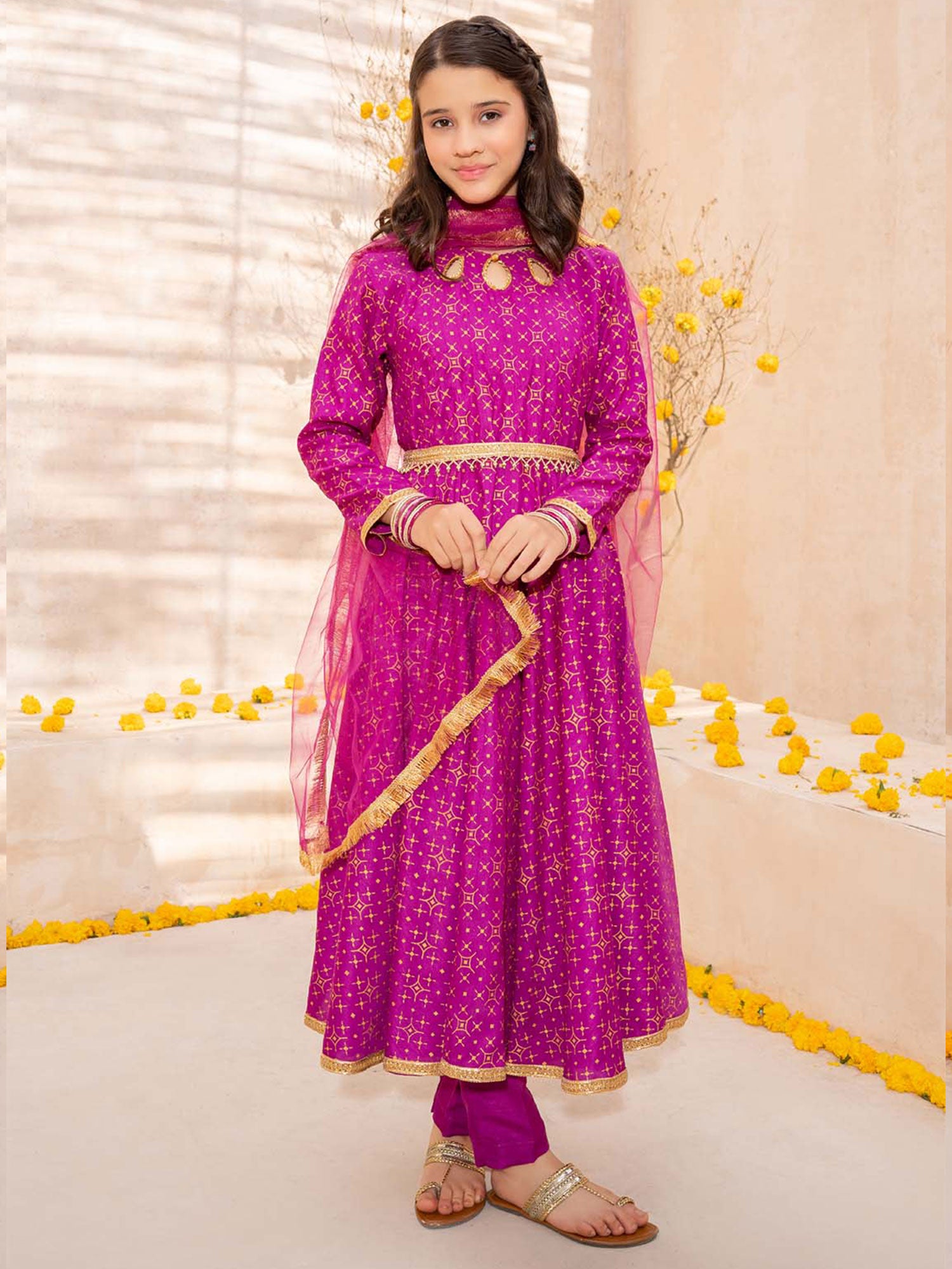 Kids Raw Silk Frock Style 3-Piece Suit - Magenta