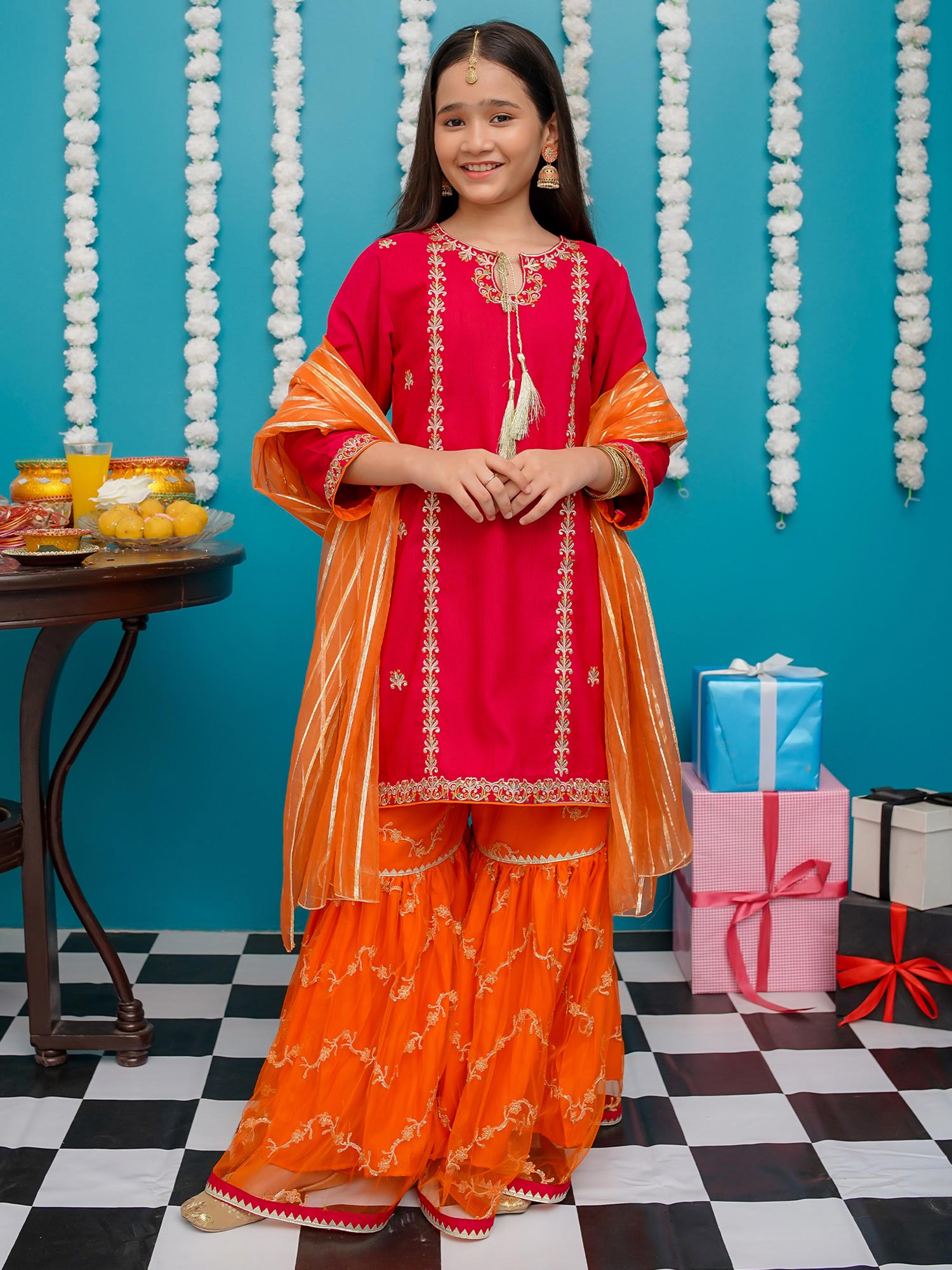 Kids Pink & Orange Rawsilk 3-Piece Sharara Suit