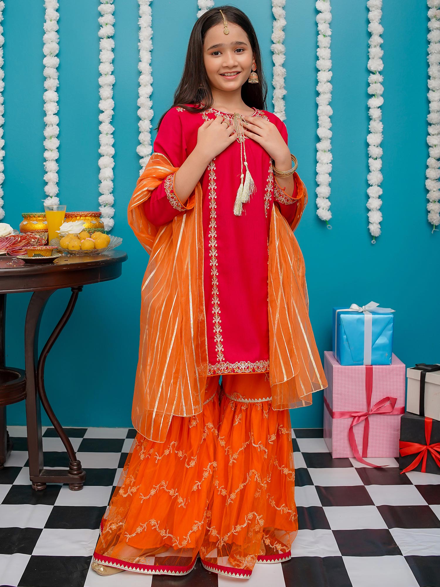 Kids Pink & Orange Rawsilk 3-Piece Sharara Suit