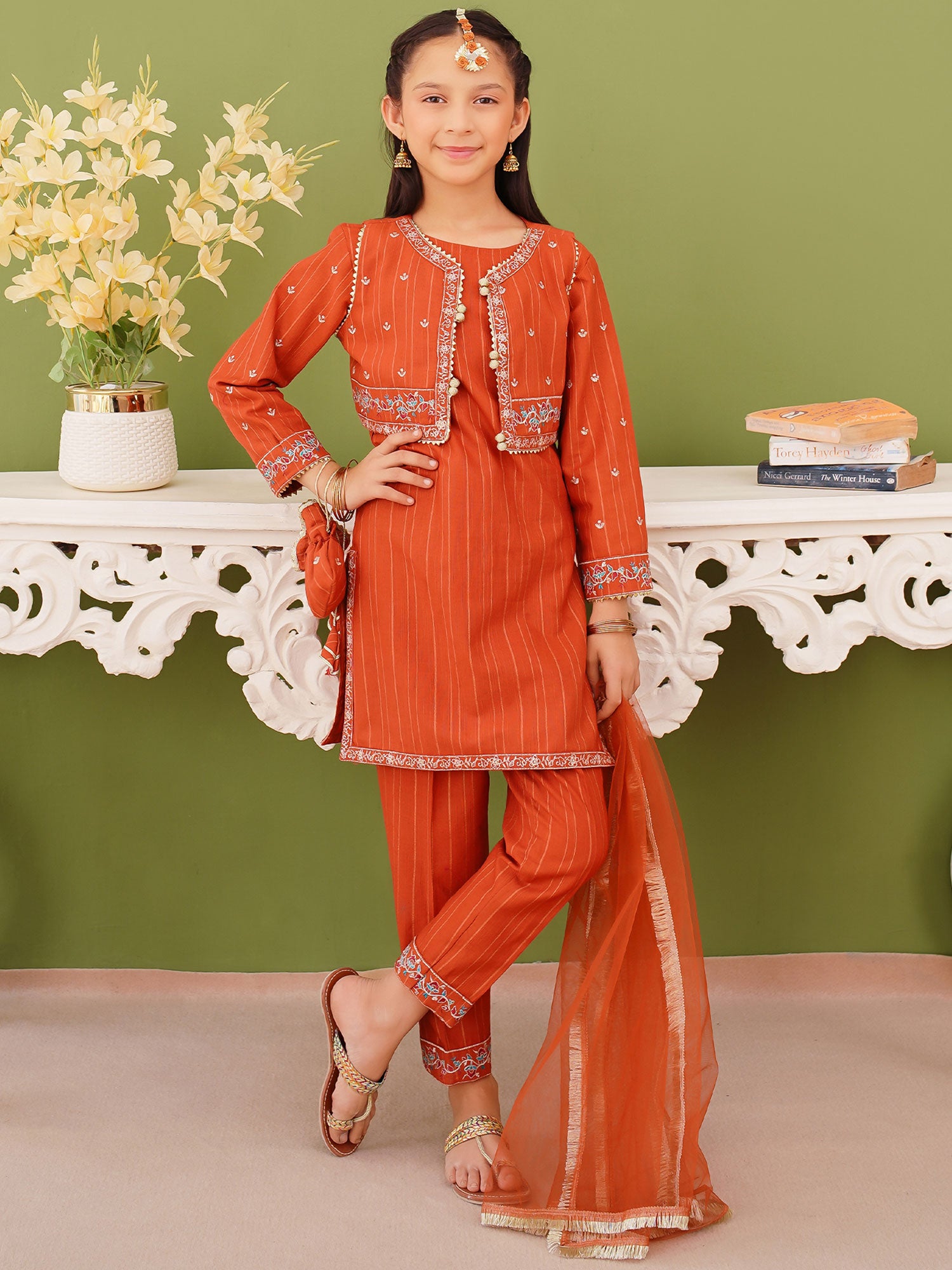 Kids Embroidered Khaddar 4-Piece Suit - Rust Orange