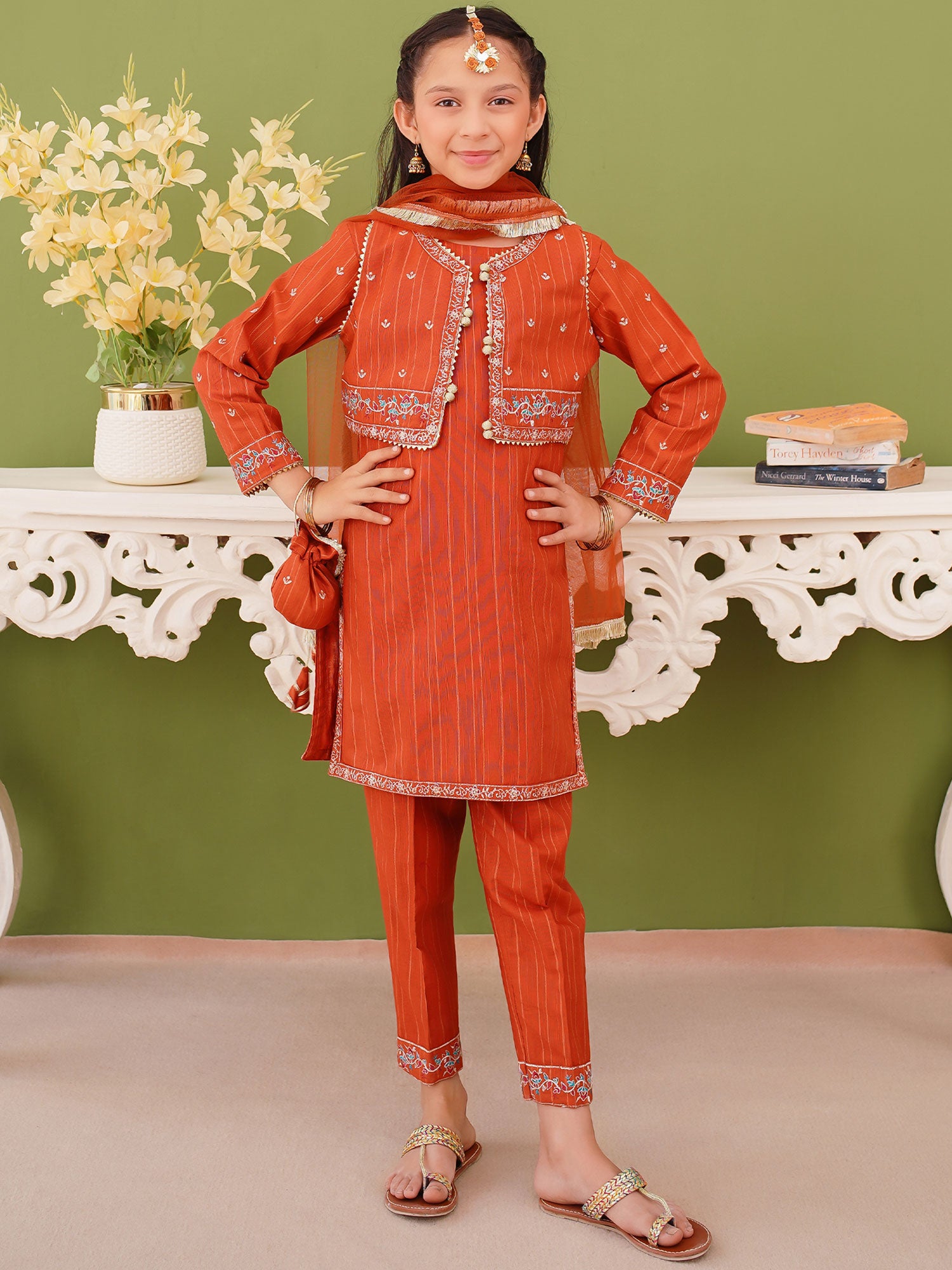Kids Embroidered Khaddar 4-Piece Suit - Rust Orange