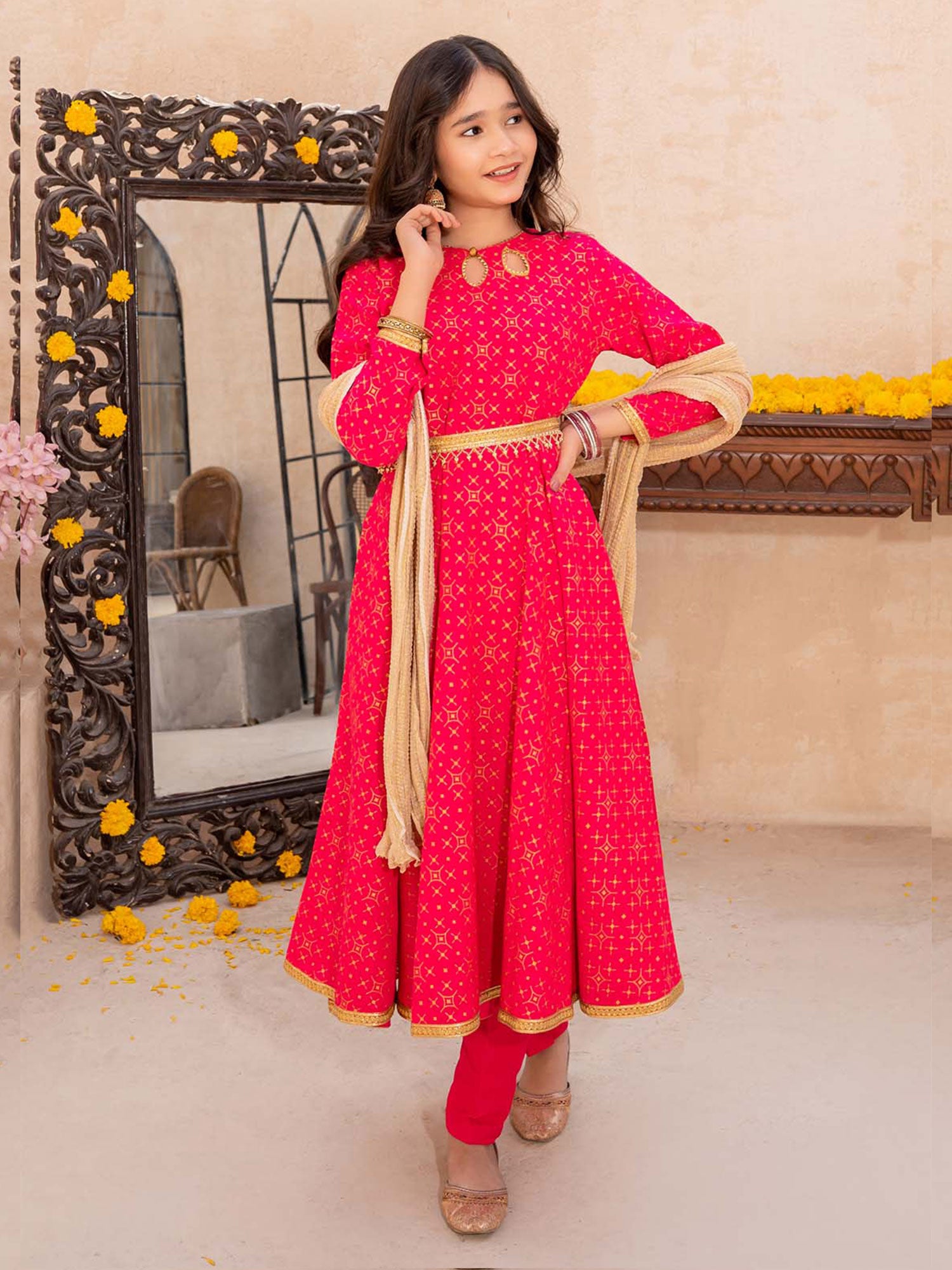 Kids Raw Silk Frock Style 3-Piece Suit - Pink