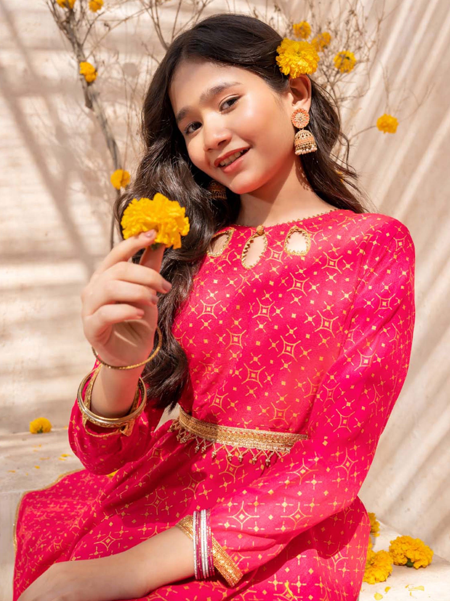 Kids Raw Silk Frock Style 3-Piece Suit - Pink