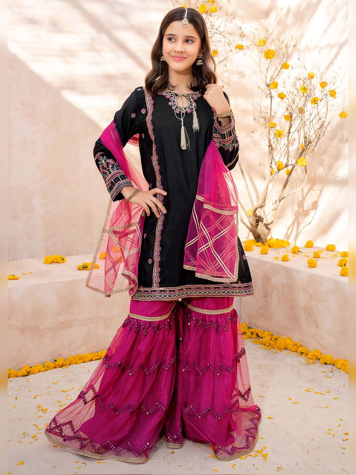 Kids Raw Silk 3-Piece Suit with Gharara - Black
