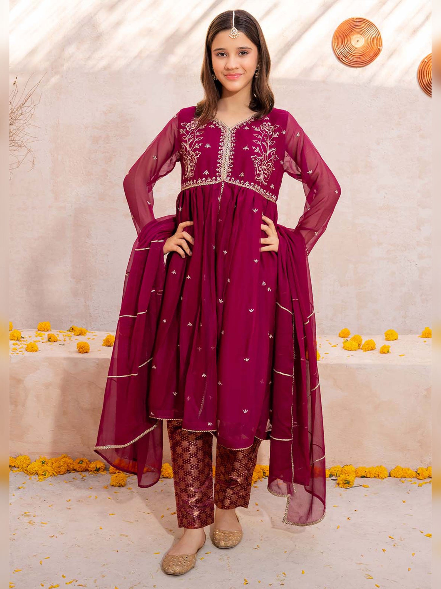 Kids Embroidered Chiffon Frock Style 3-Piece Suit - Maroon