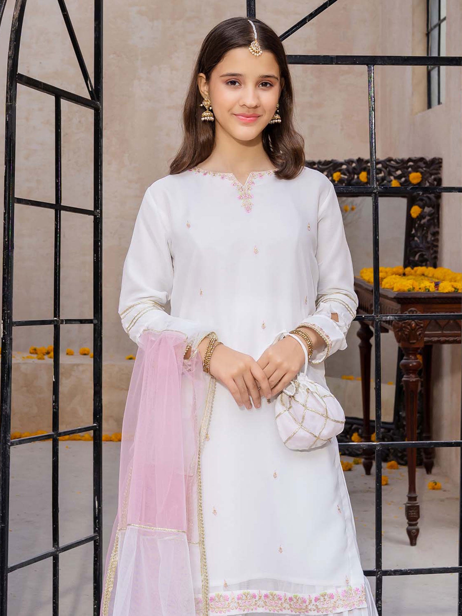 Kids Embroidered Chiffon Gharara 3-Piece Suit - White
