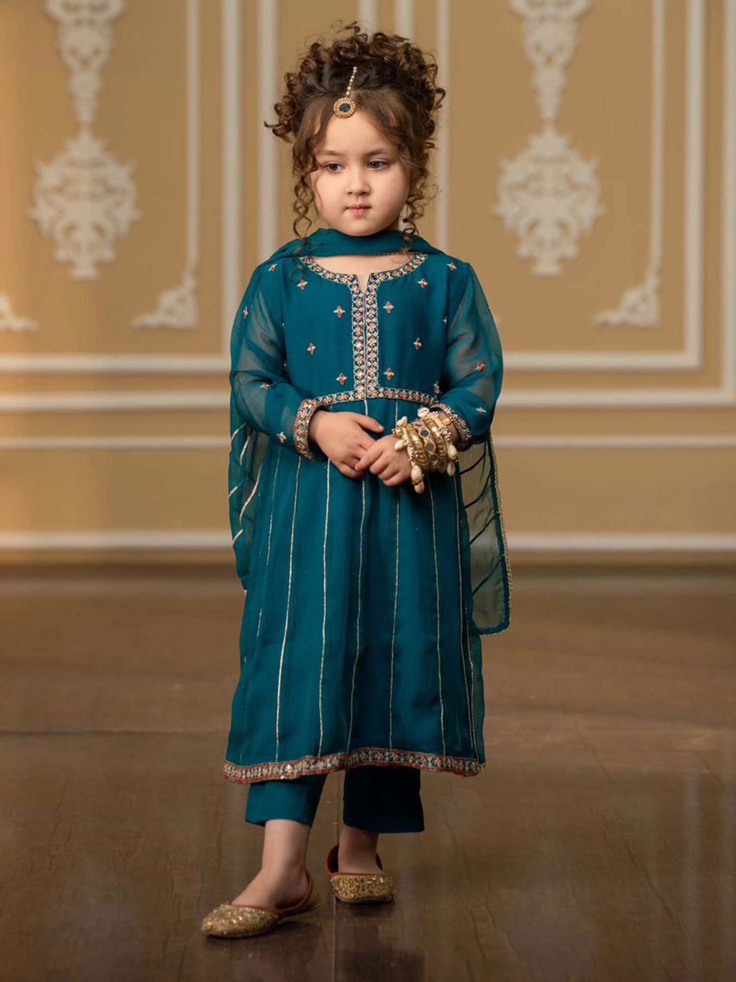 Kids Embroidered Chiffon Frock Style 3-Piece Suit - Teal