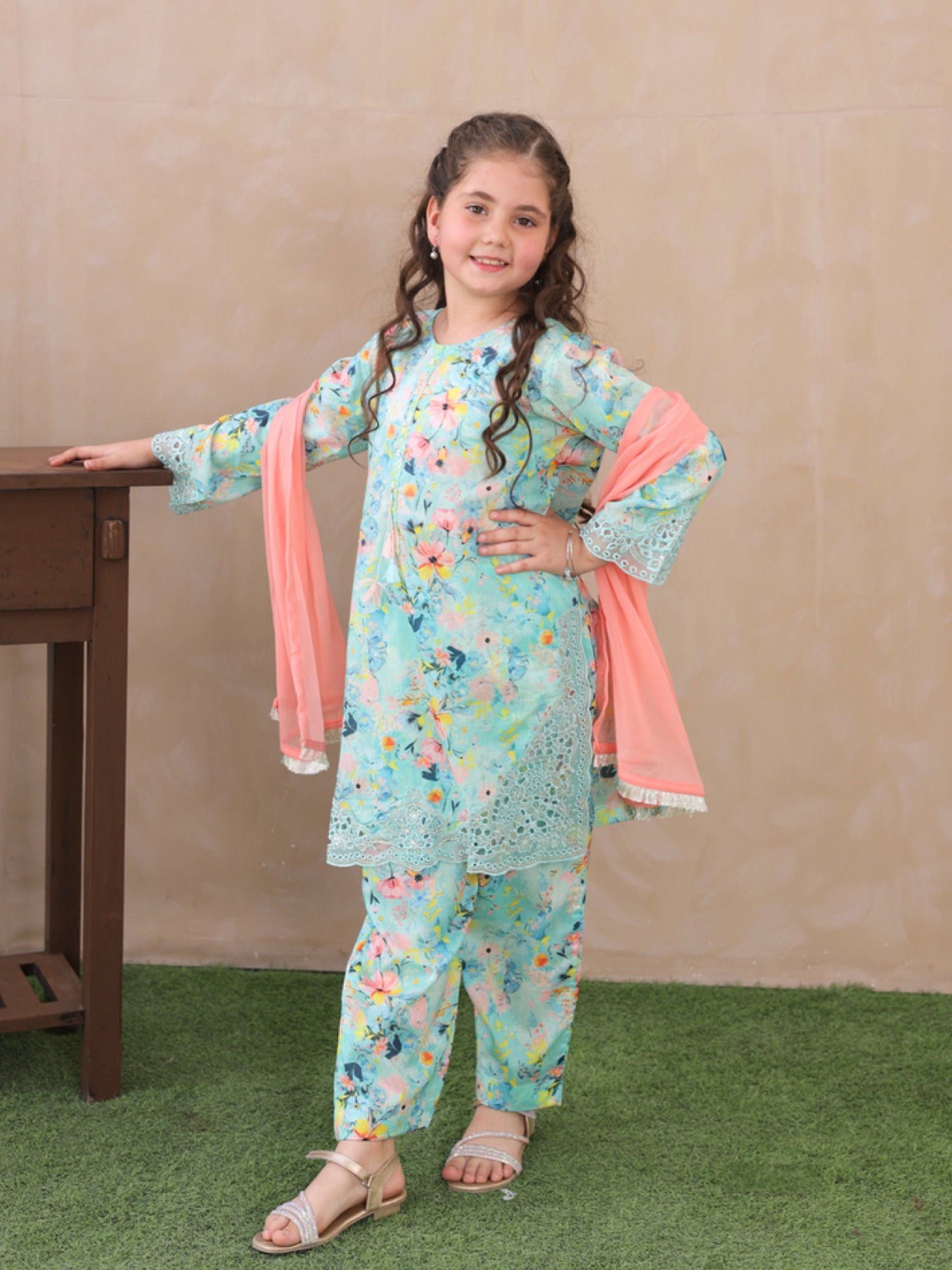 Kids Aqua Embroidered Lawn 3-Piece Co-ords Set