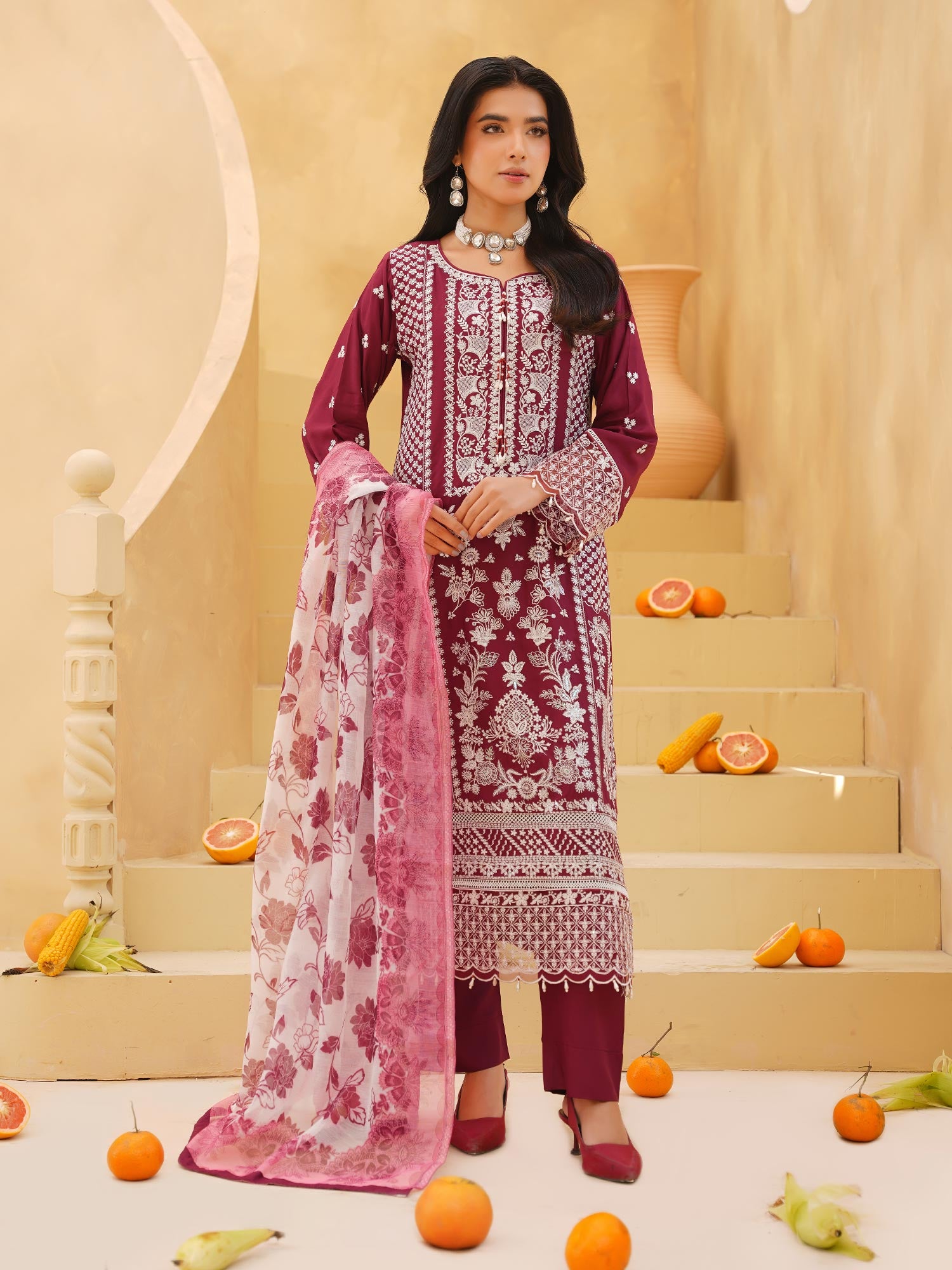 Maroon Fully Embroidered Linen Suit