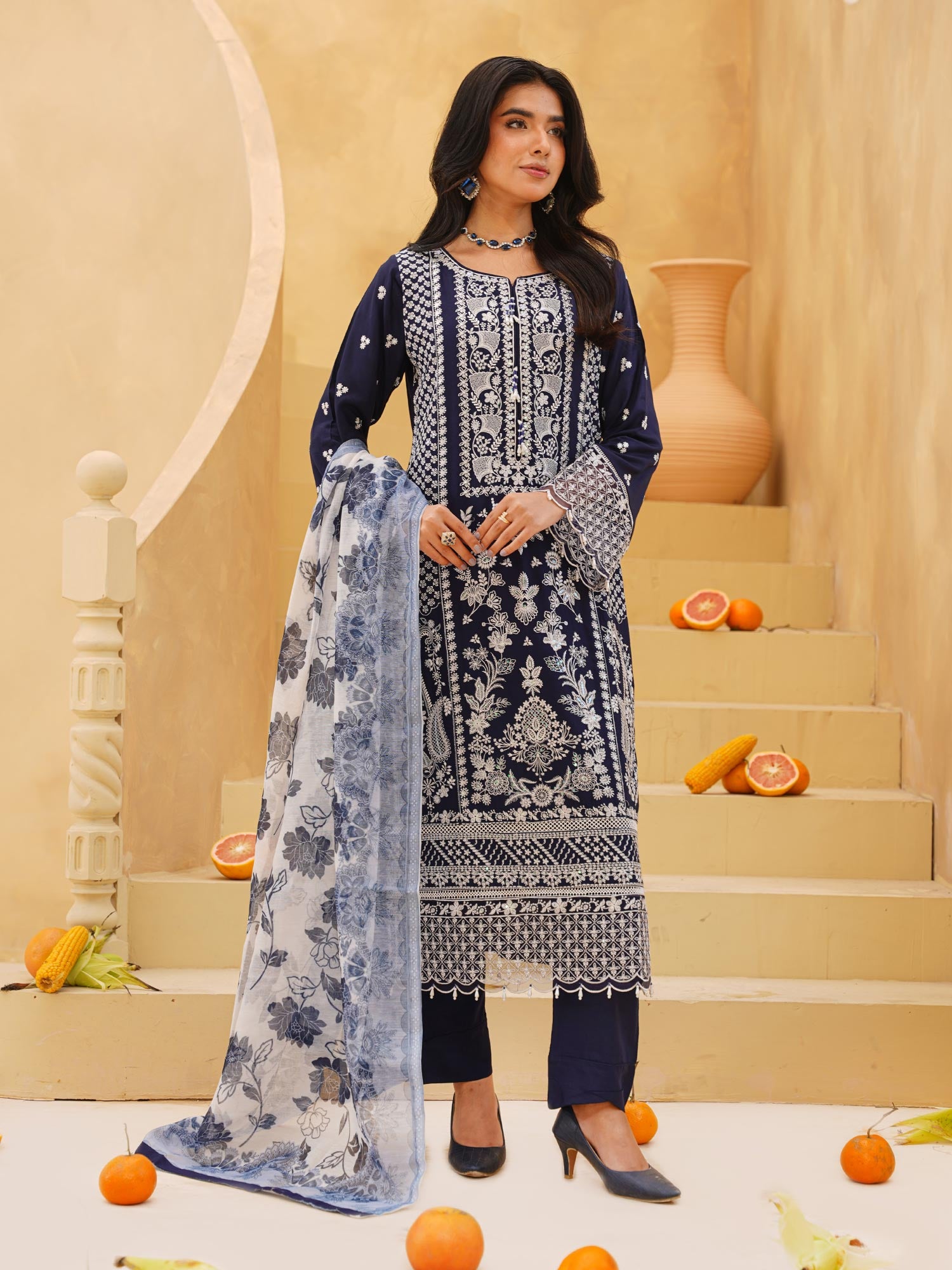 Navy Fully Embroidered Linen Suit