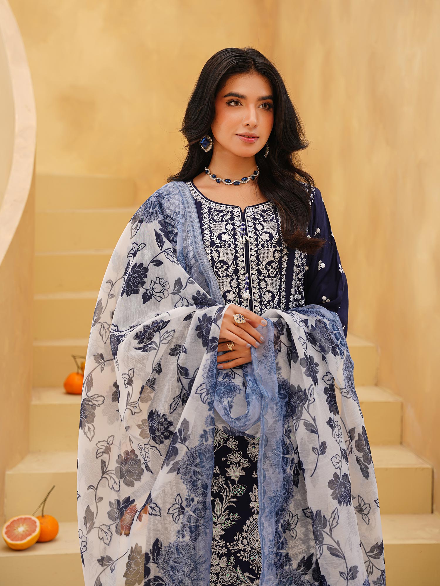 Navy Fully Embroidered Linen Suit