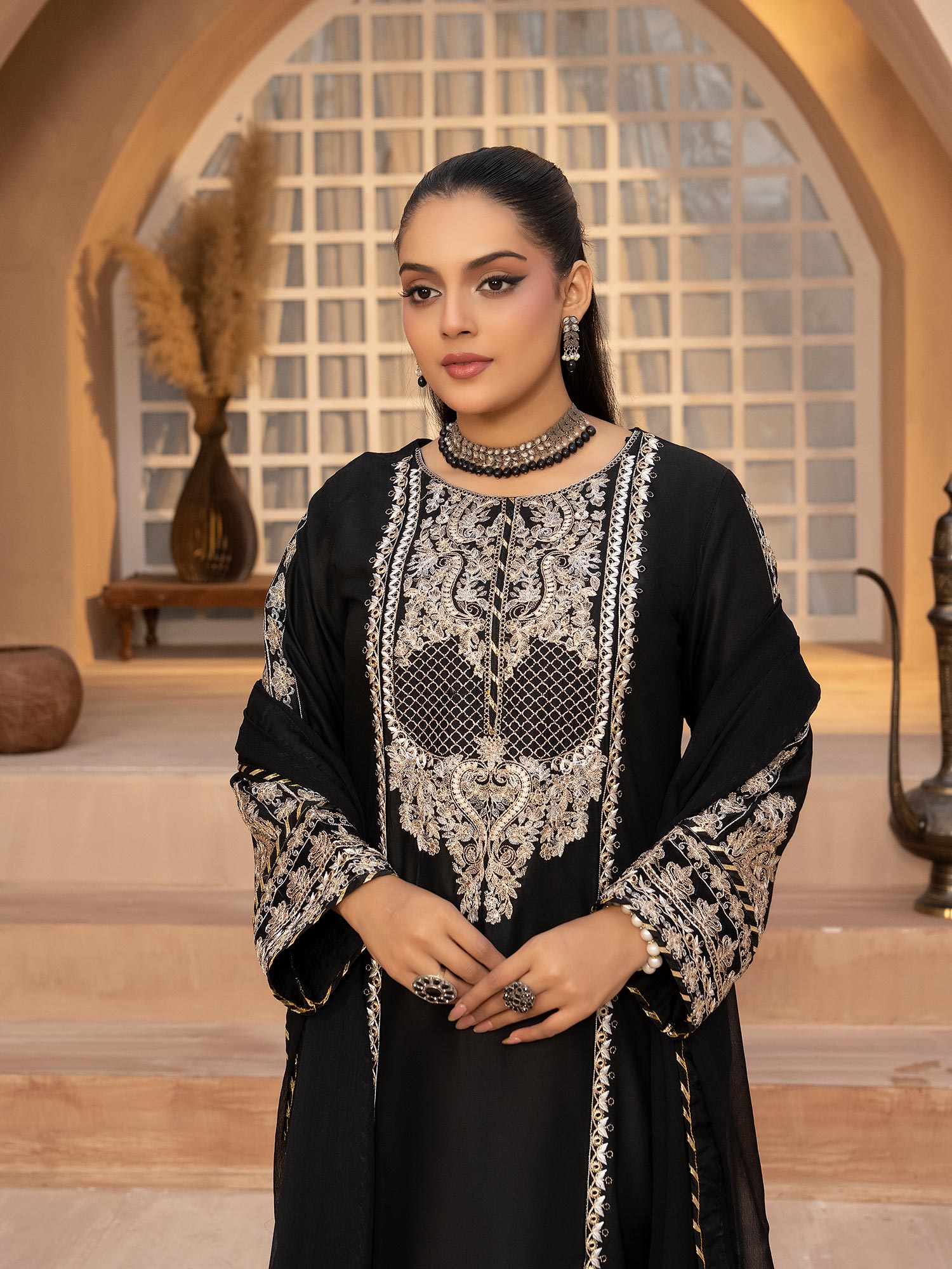 Black Embroidered Linen Suit with Gharara
