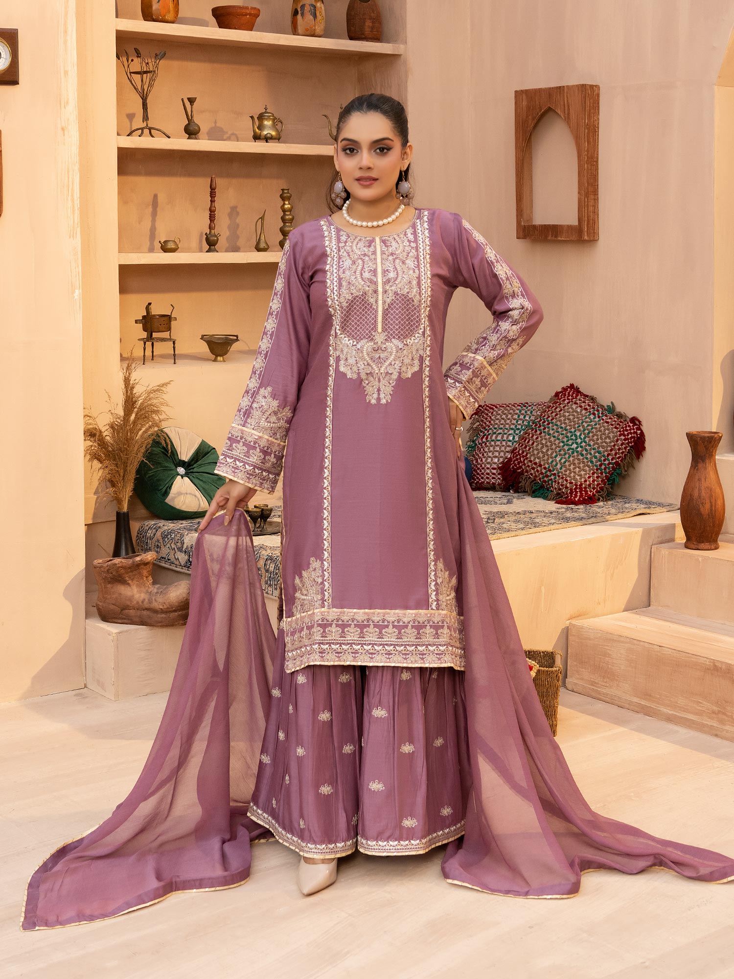 Mauve Embroidered Linen Suit with Gharara
