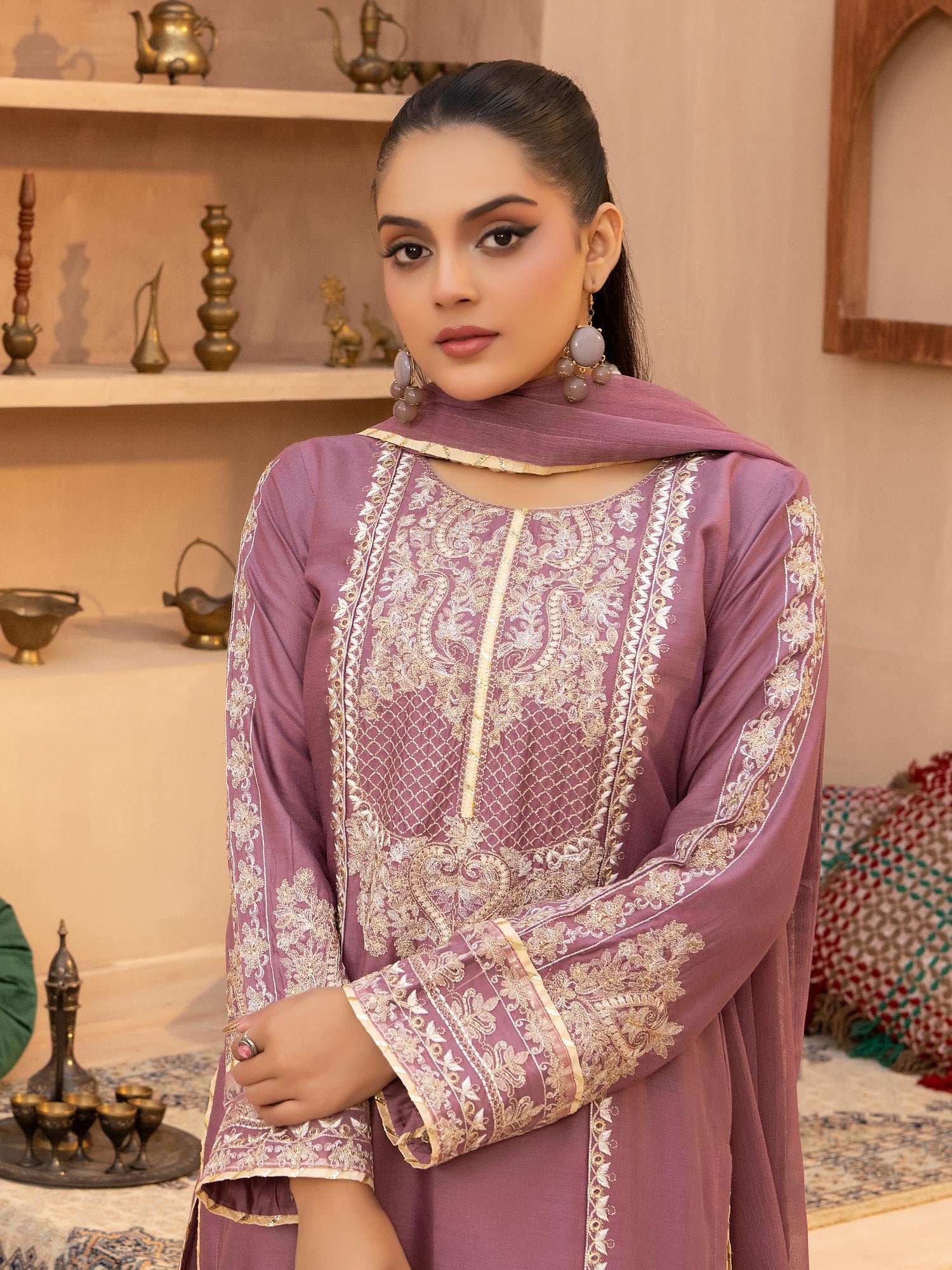 Mauve Embroidered Linen Suit with Gharara