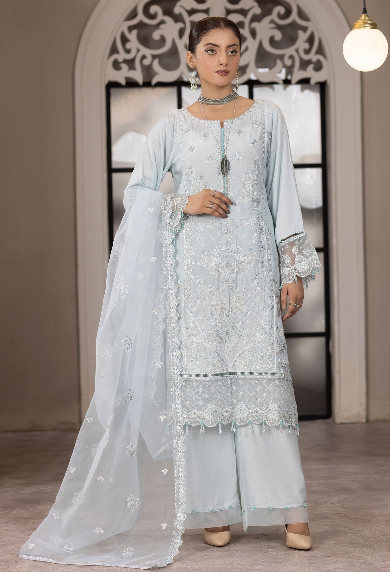 Light Blue Embroidered Viscose 3-Piece Palazzo Suit