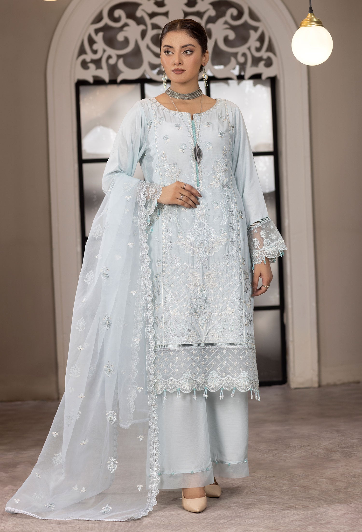 Light Blue Embroidered Viscose 3-Piece Palazzo Suit