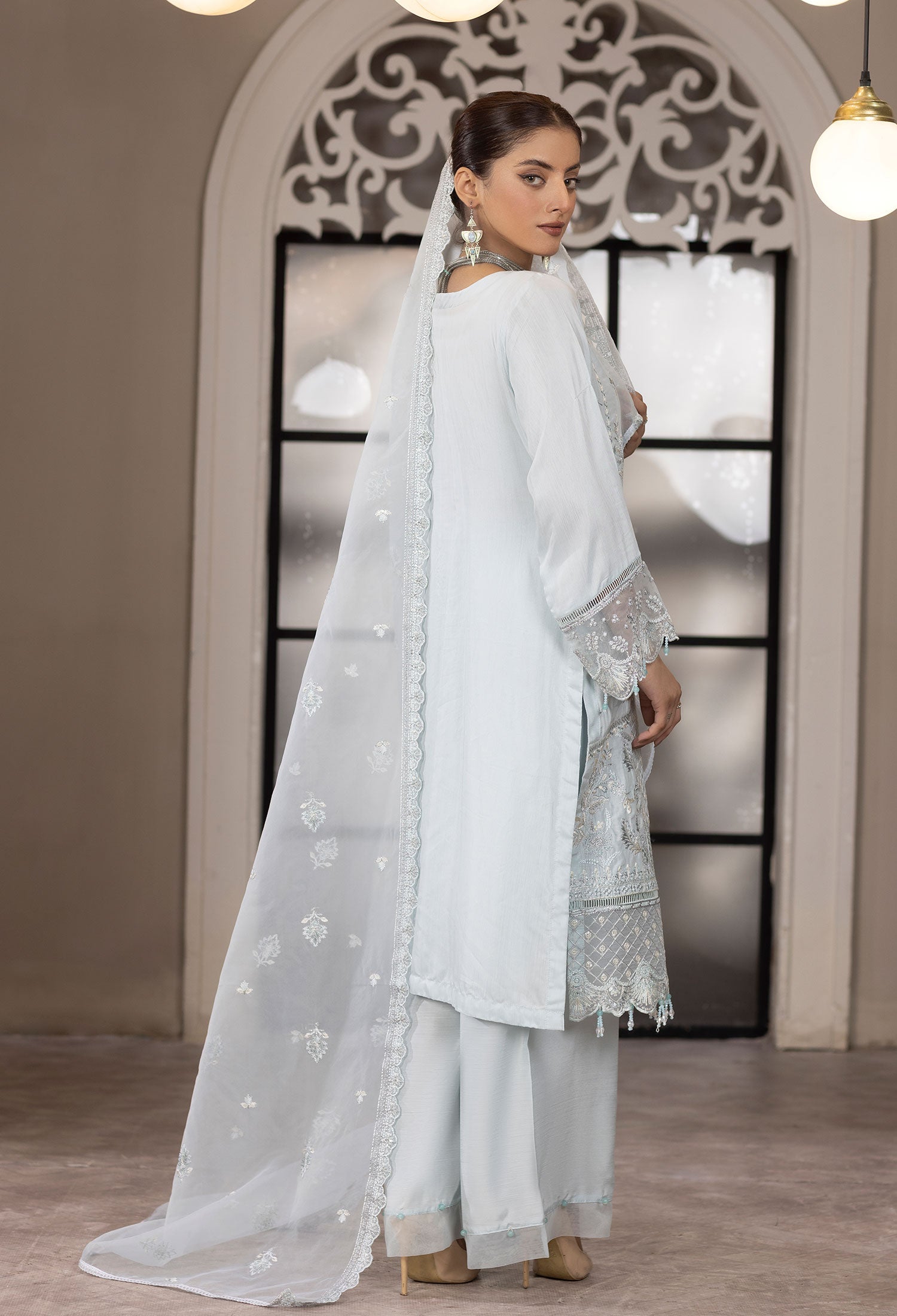 Light Blue Embroidered Viscose 3-Piece Palazzo Suit