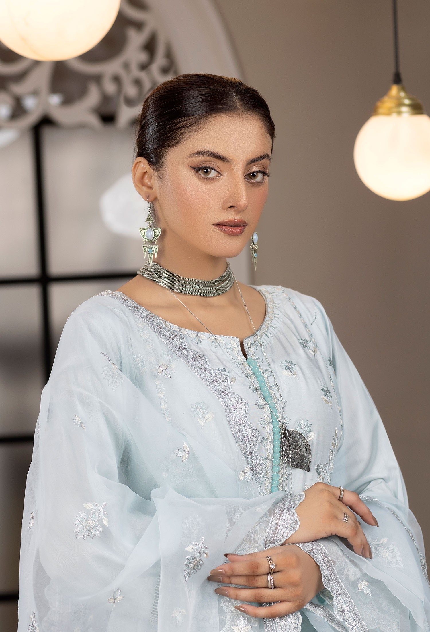 Light Blue Embroidered Viscose 3-Piece Palazzo Suit