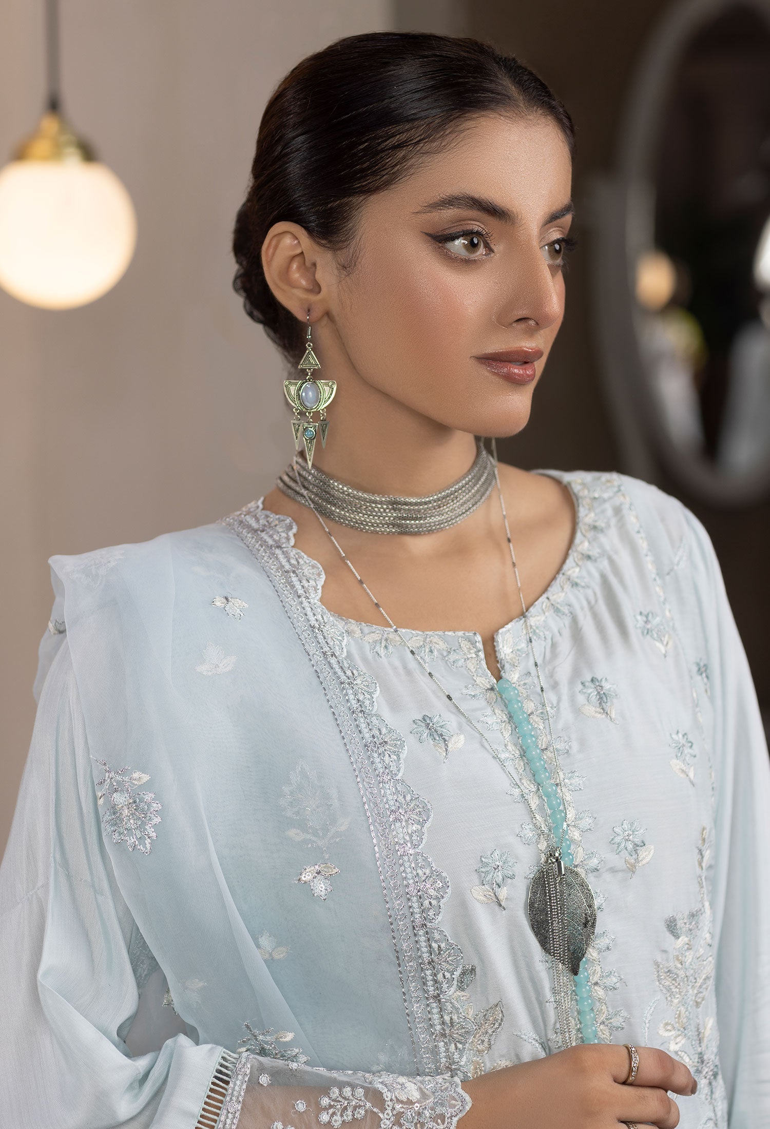 Light Blue Embroidered Viscose 3-Piece Palazzo Suit