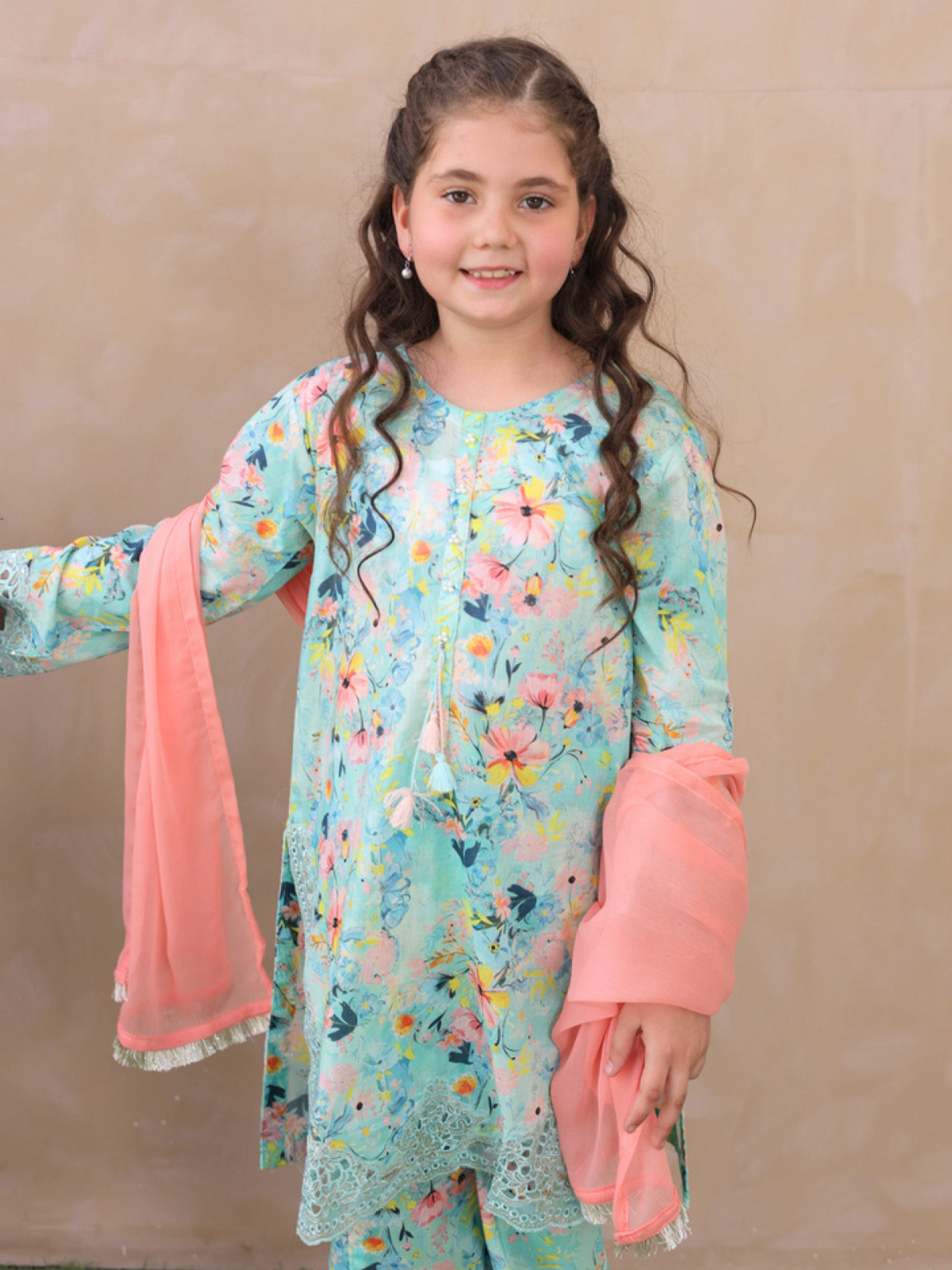Kids Aqua Embroidered Lawn 3-Piece Co-ords Set