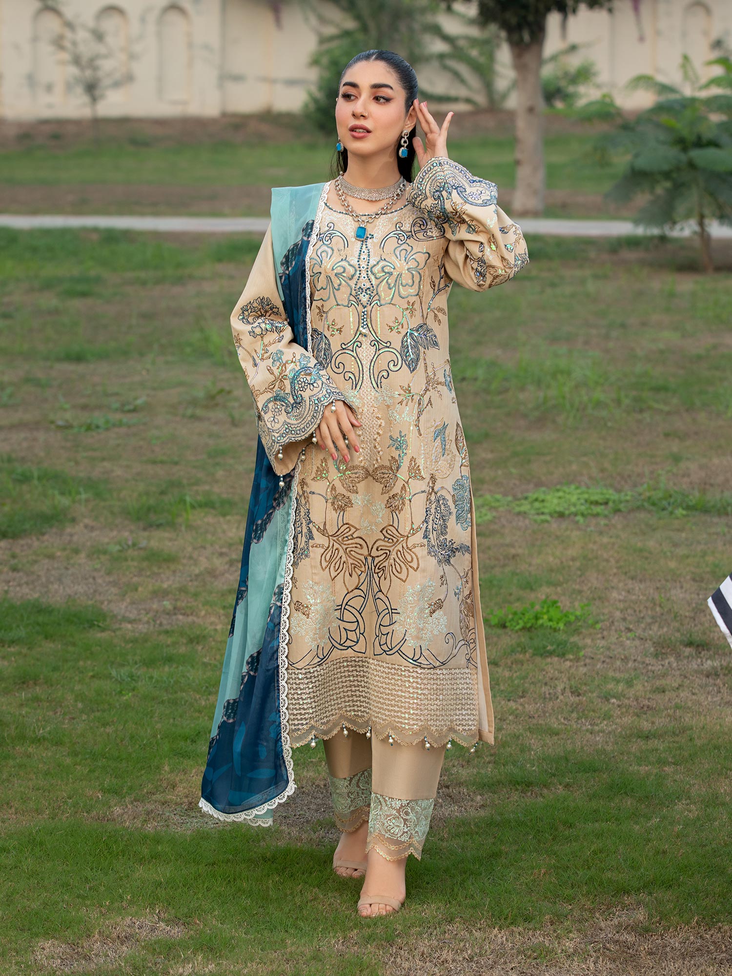 Heera's Beige Embroidered Cambric Cotton 3-Piece Suit