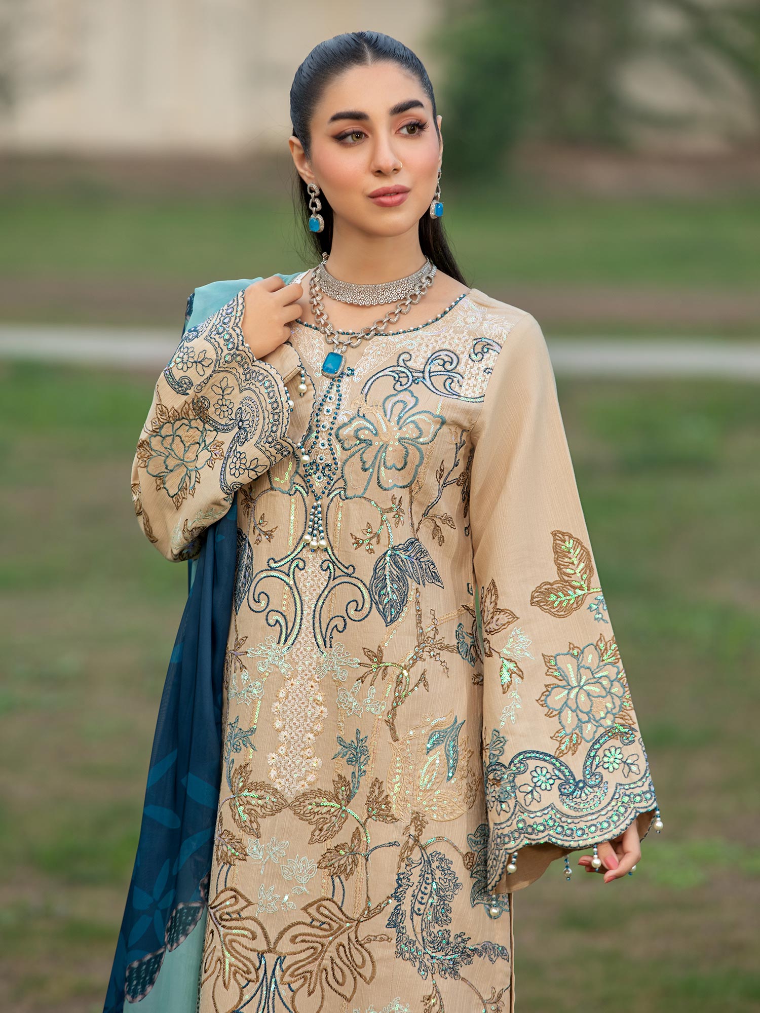 Heera's Beige Embroidered Cambric Cotton 3-Piece Suit