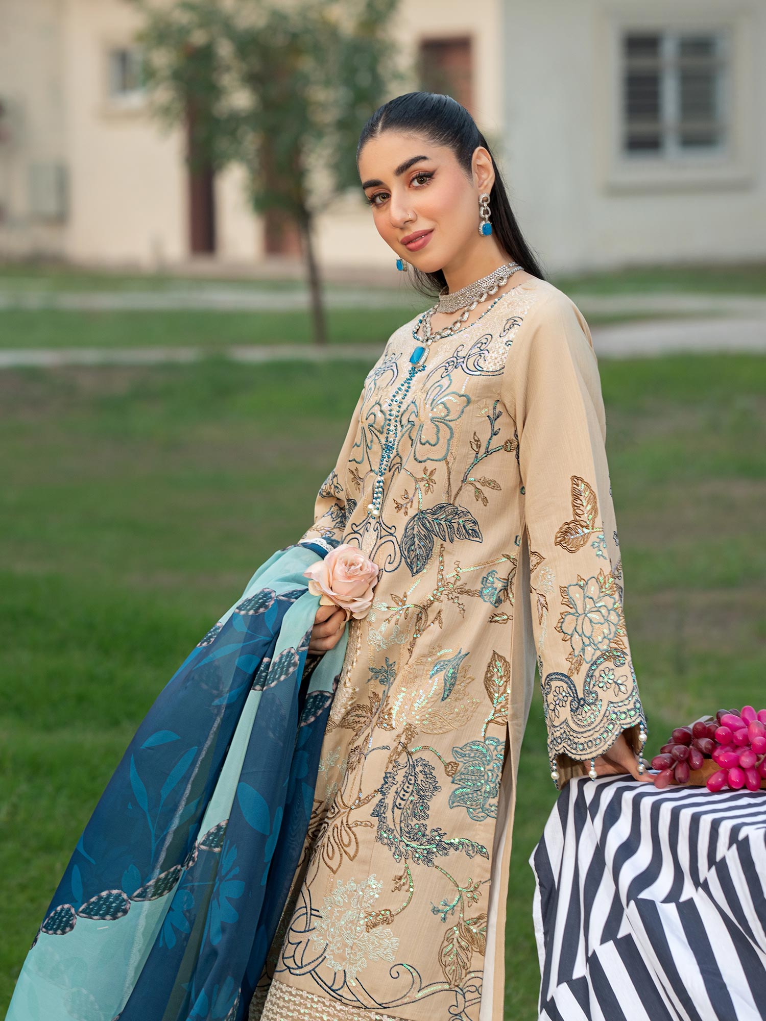 Heera's Beige Embroidered Cambric Cotton 3-Piece Suit