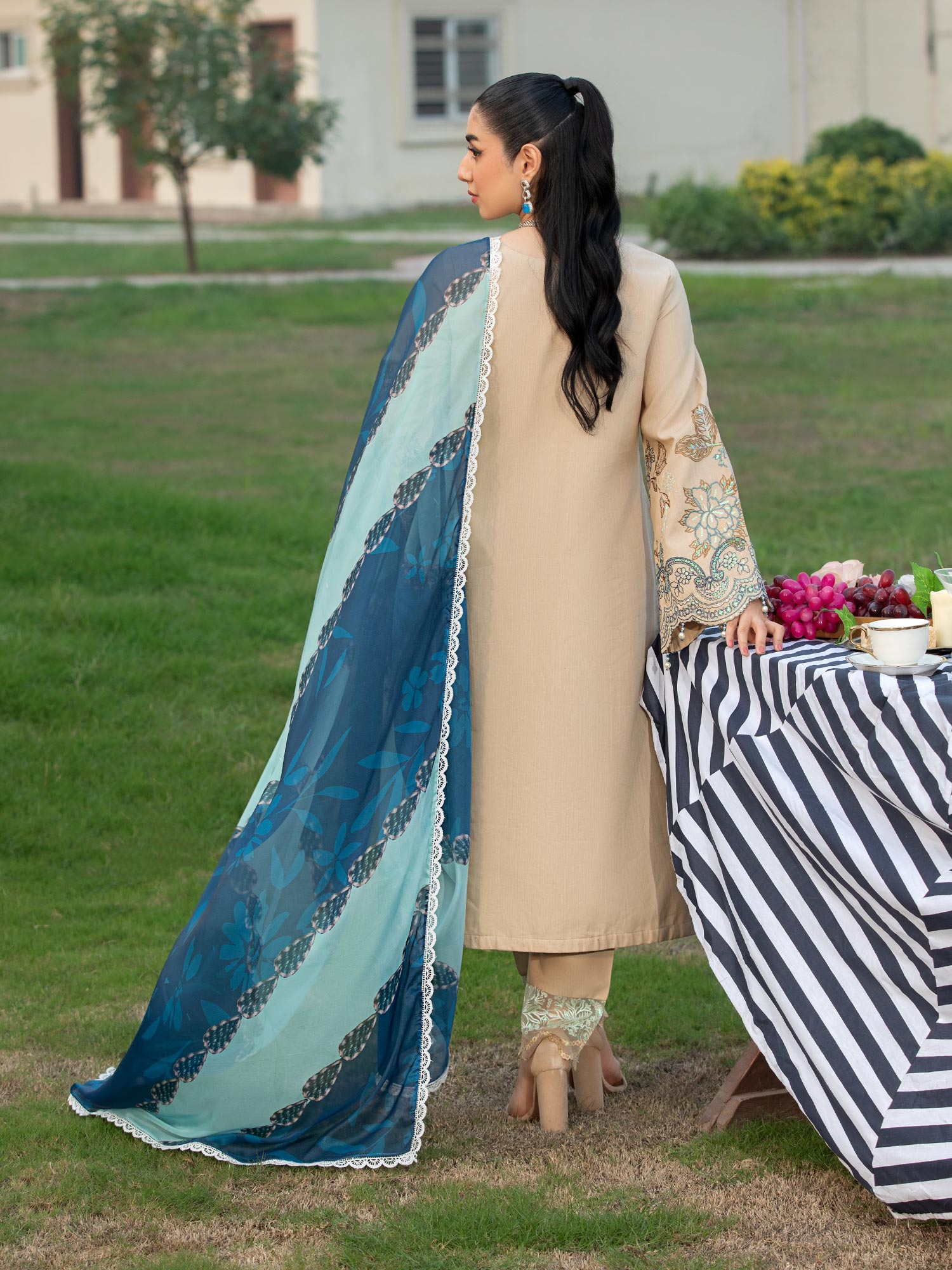 Heera's Beige Embroidered Cambric Cotton 3-Piece Suit
